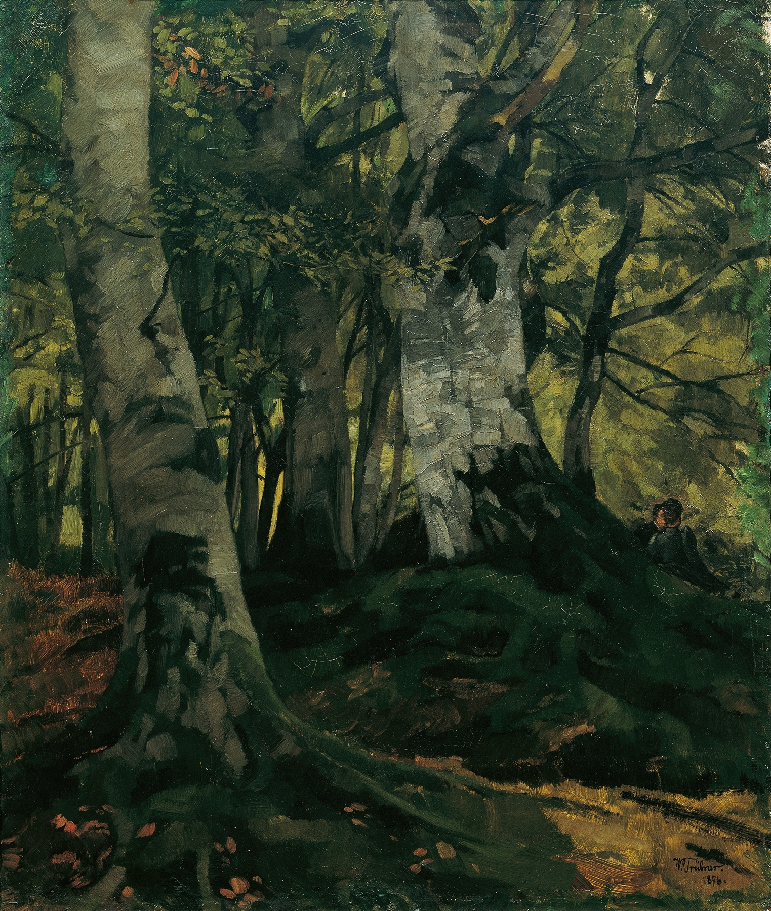Buchenwald mit Liebespaar, by Wilhelm Trübner, public domain