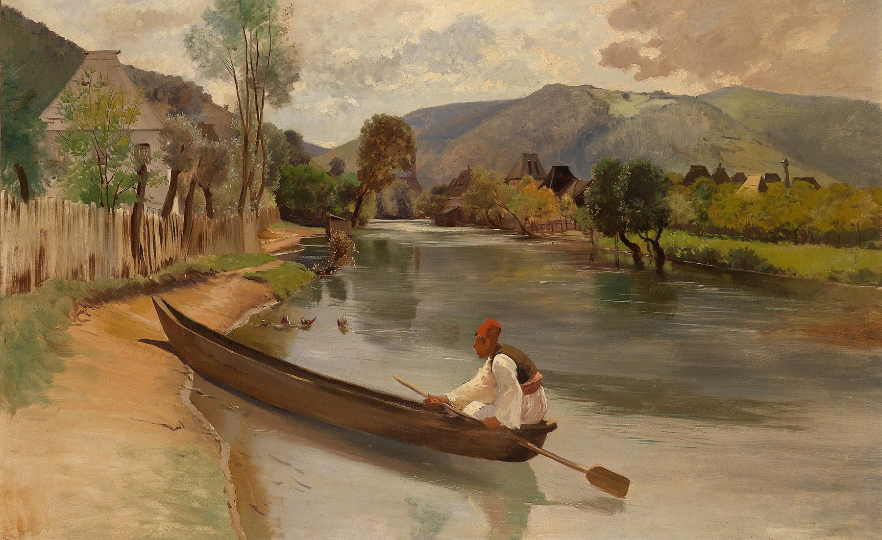 Am Flussufer by Franz Leo Ruben, oil on canvas, depicting a tranquil riverbank scene
