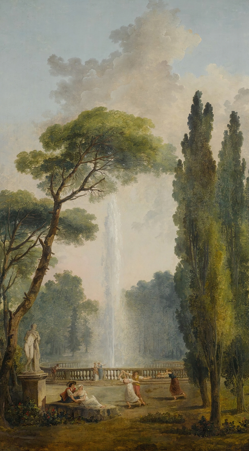 Rococo genre scene with figures dancing around a fountain by Hubert Robert