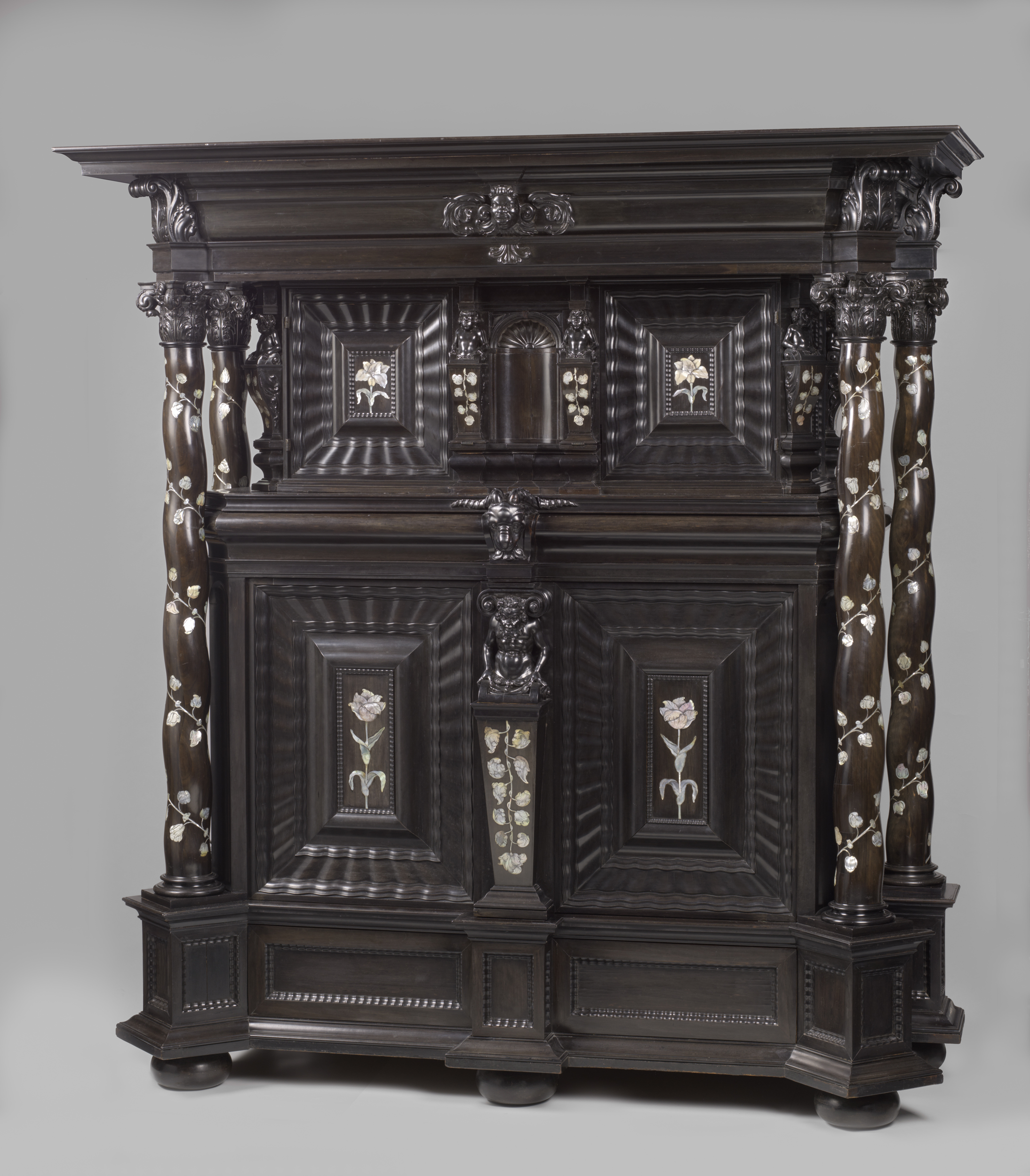 Cupboard made of wood by Herman Doomer, featuring ebony and mother-of-pearl inlays.