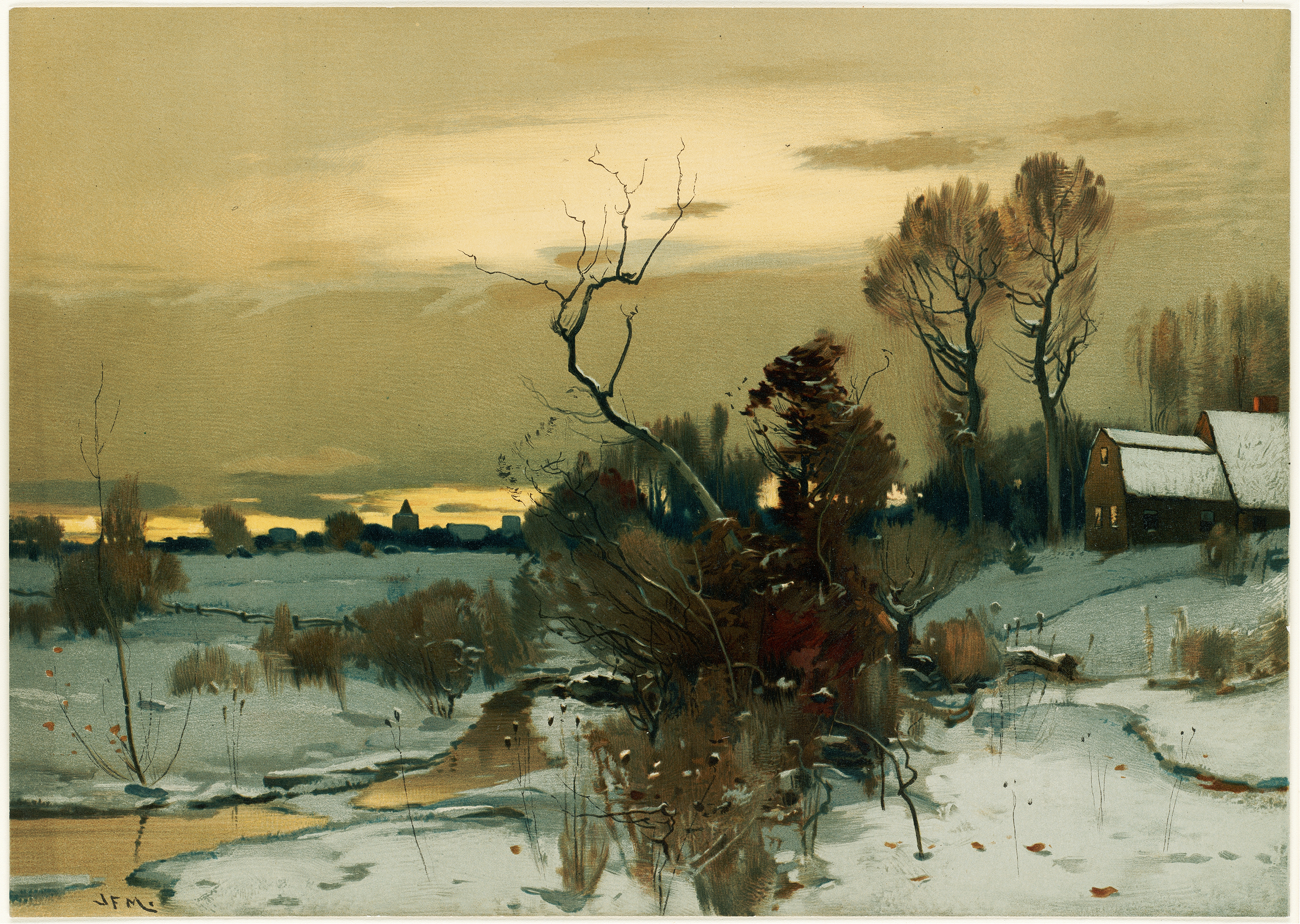 Winter landscape by John Francis Murphy, oil painting of a serene snowy scene.