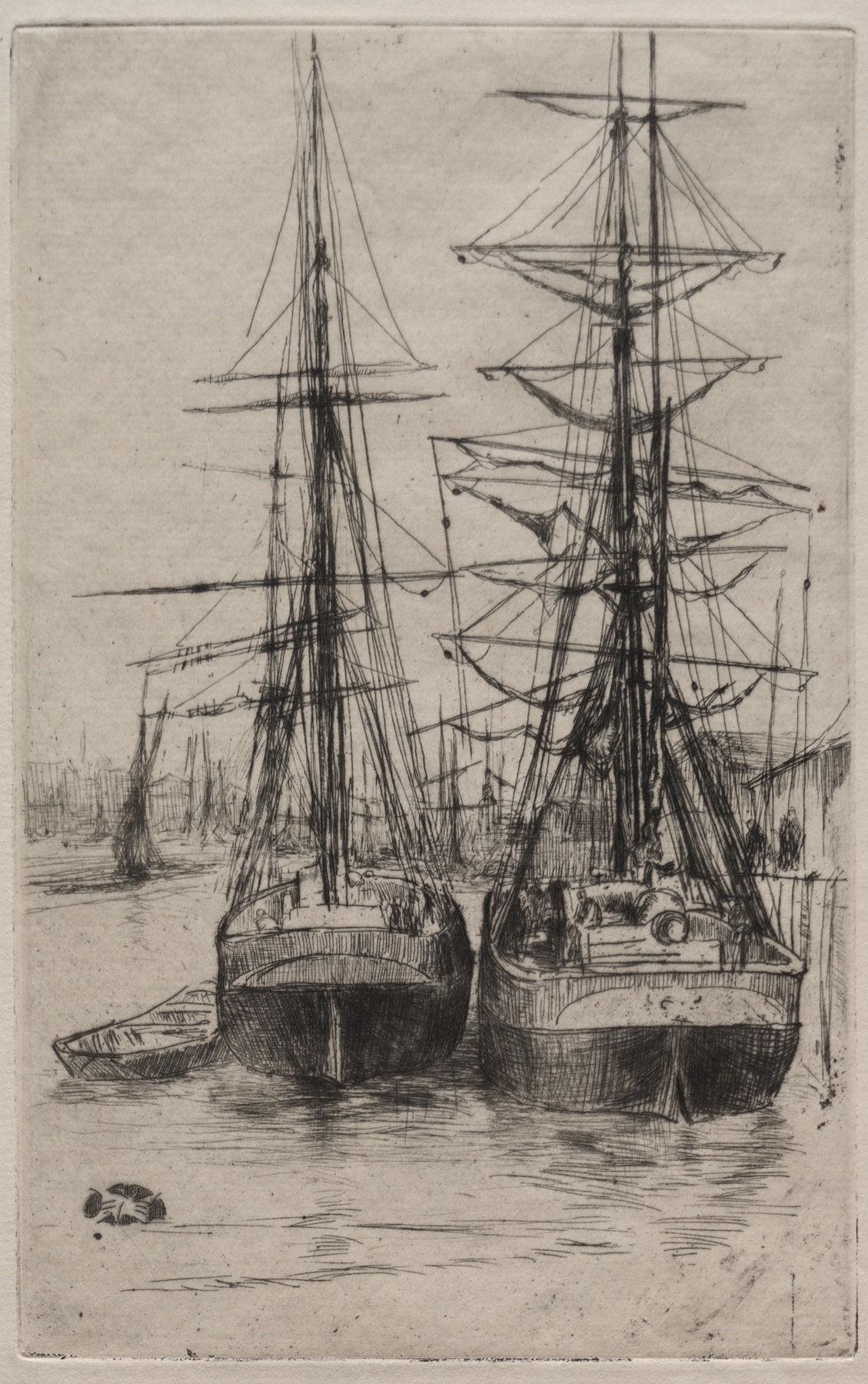 Two ships emerge from mist in an oil painting by James Abbott McNeill Whistler