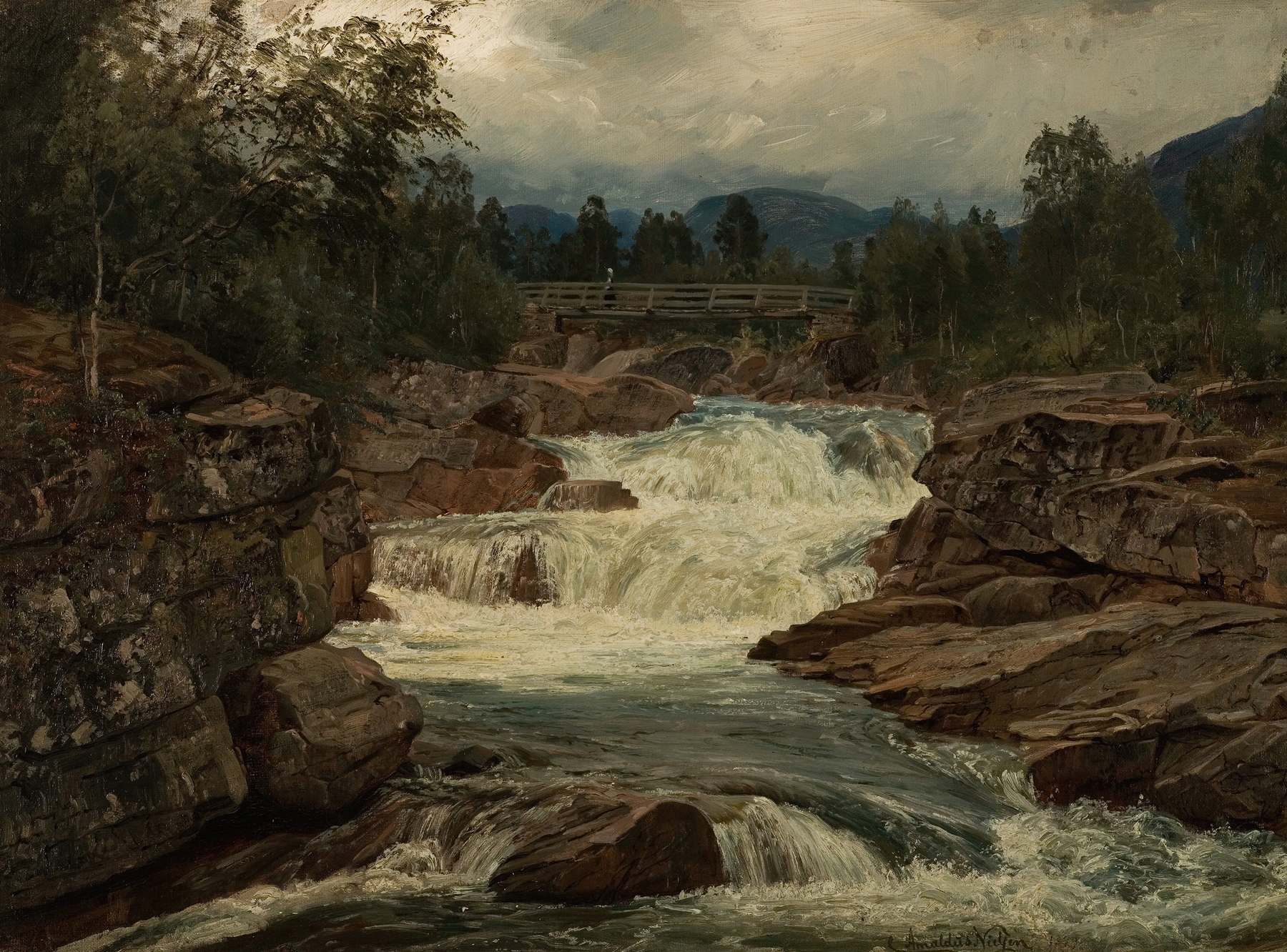 Hornindalsfossen, Nordfjord by Amaldus Nielsen, oil painting depicting a waterfall in a landscape