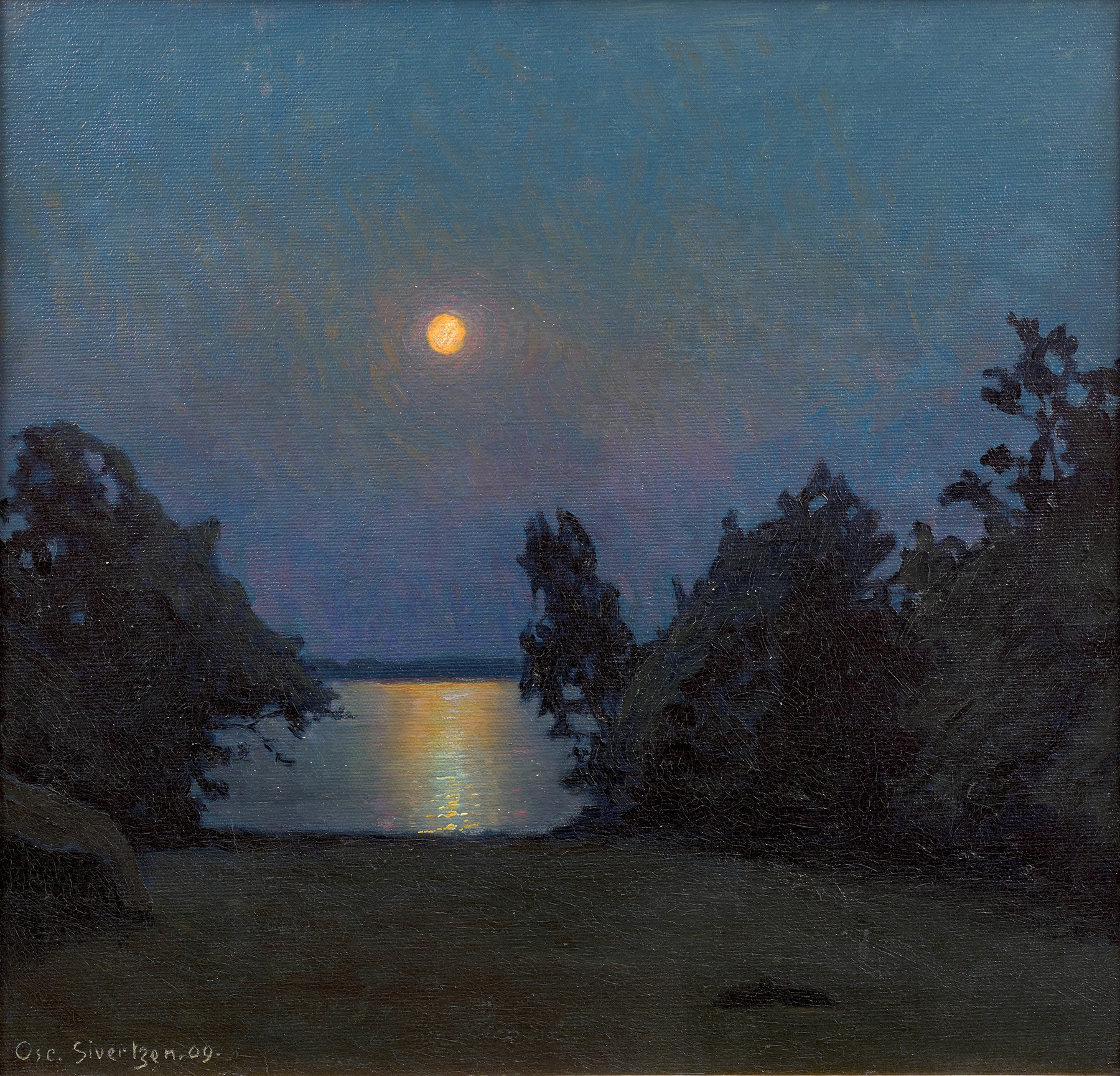 Marine scene depicting a moonlit fjord by Oscar Sivertzen, oil painting