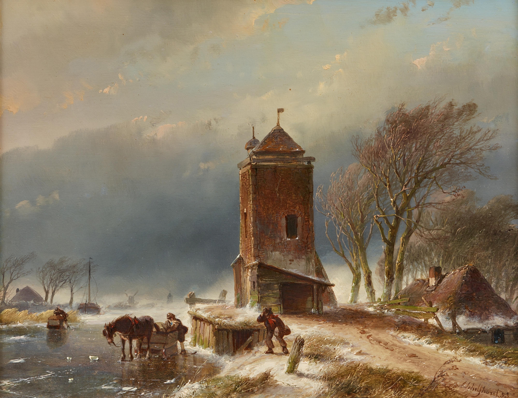 Turm an einem gefrorenen Kanal, by Andreas Schelfhout, public domain