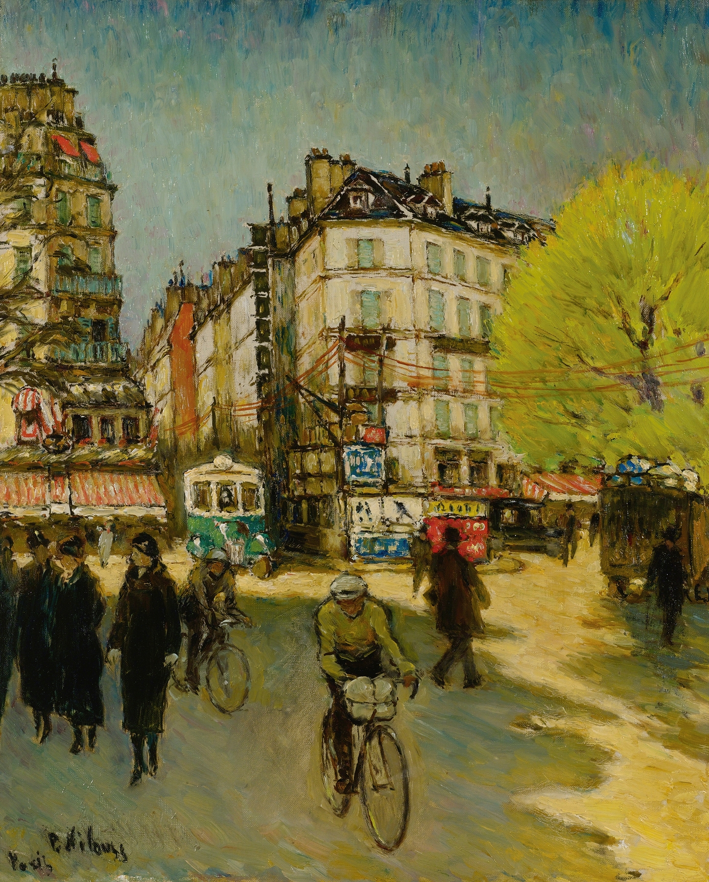 Place De La Republique, oil on canvas by Peter Alexandrovitch Nilouss, featuring streetlights and cobblestones.