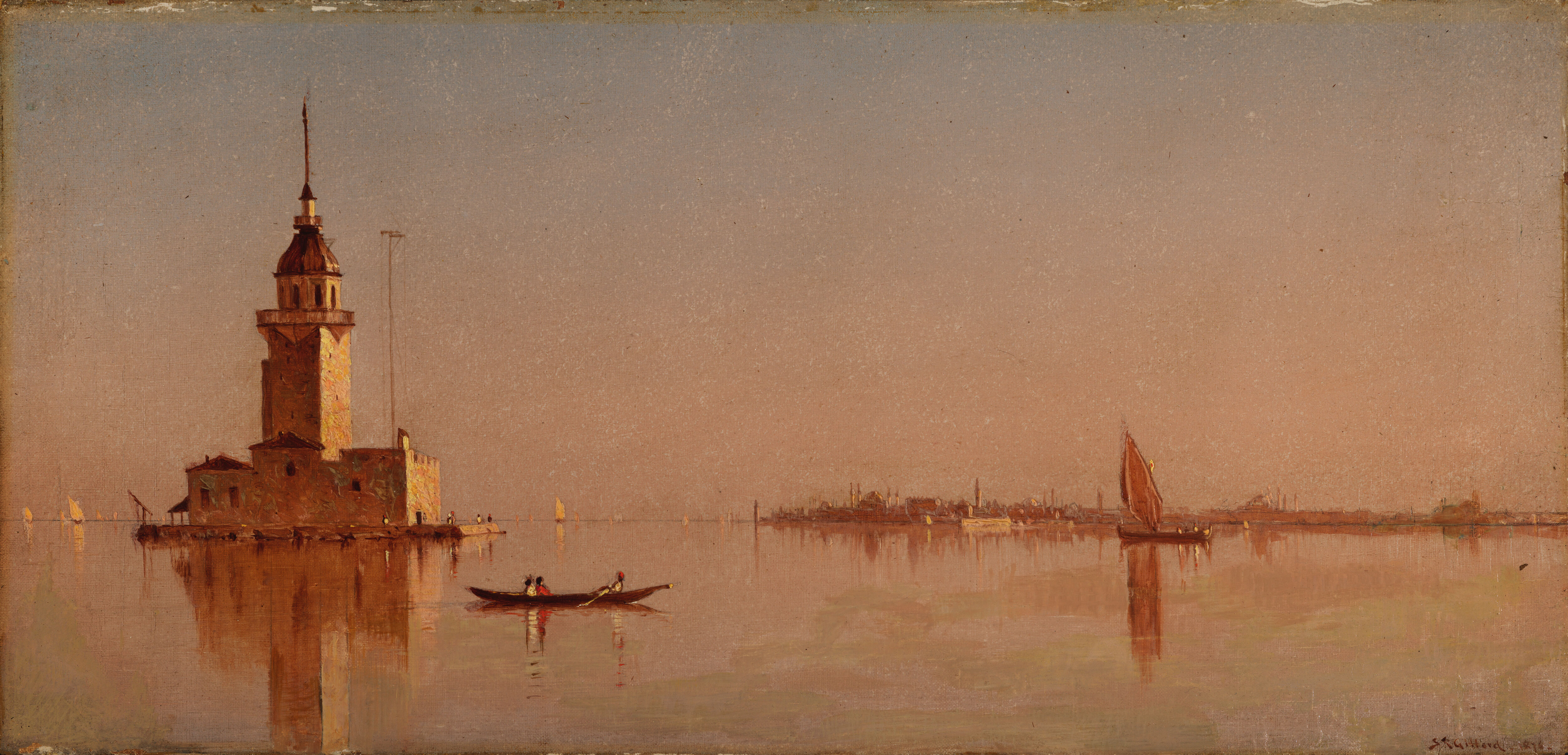 Leander’s Tower, oil on canvas by Sanford Robinson Gifford, illuminated by soft light against clouds