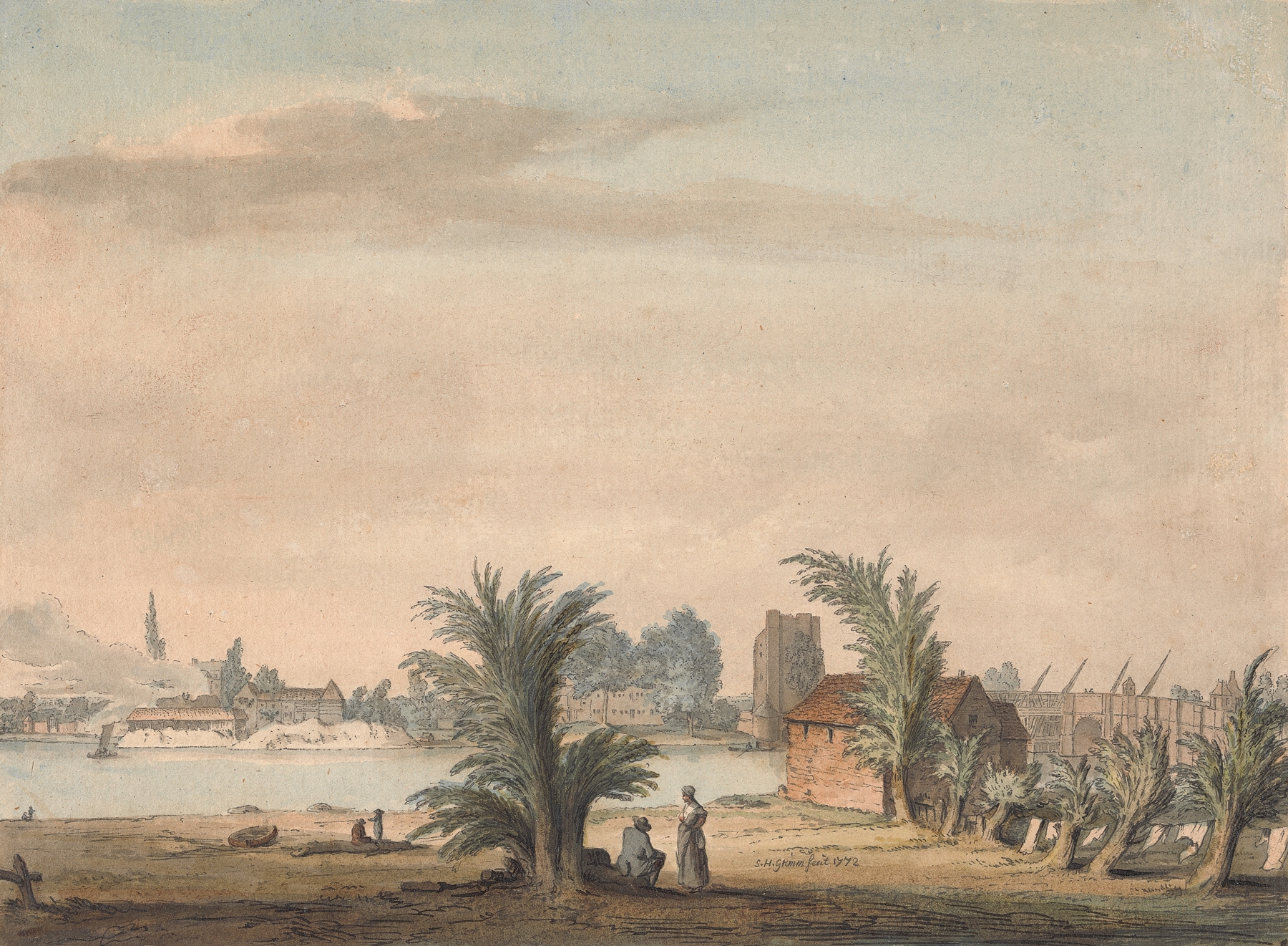 Putney Church and Bridge by Samuel Hieronymus Grimm, oil painting