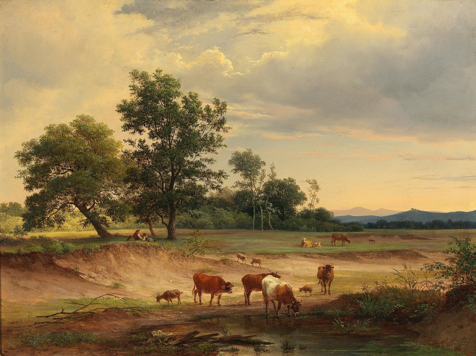 Open Landscape with Herdsman Resting near Mödling, oil on canvas by Josef Feid