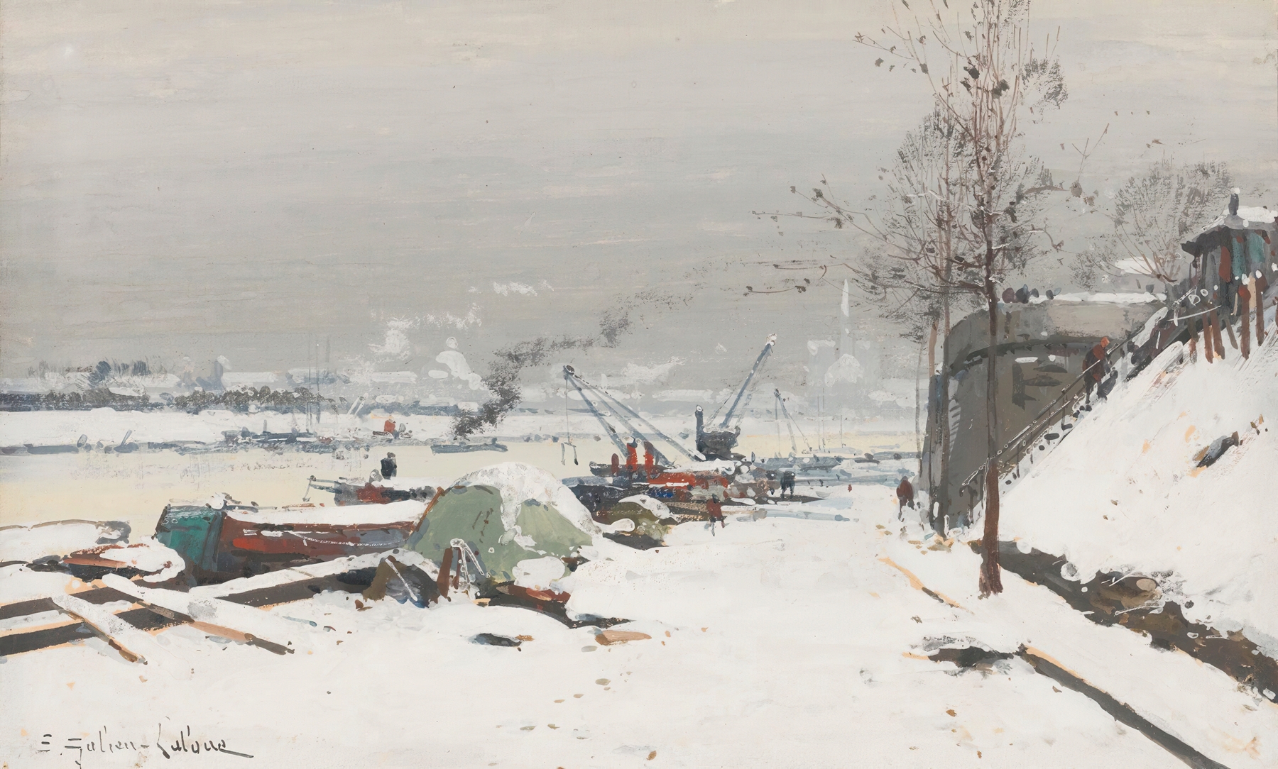 Winter landscape with snow-covered path by Eugène Galien-Laloue, oil on canvas