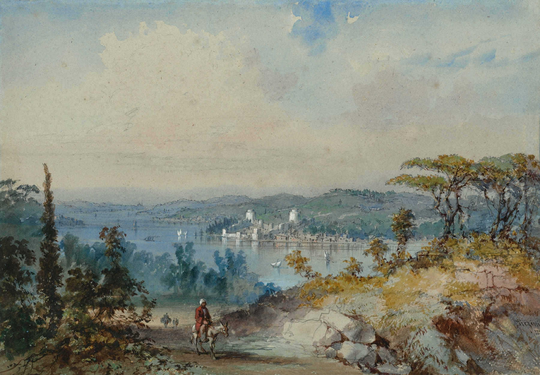 Landscape of the Bosphorus with Rumeli Hissar fortress by Amadeo Preziosi, oil painting