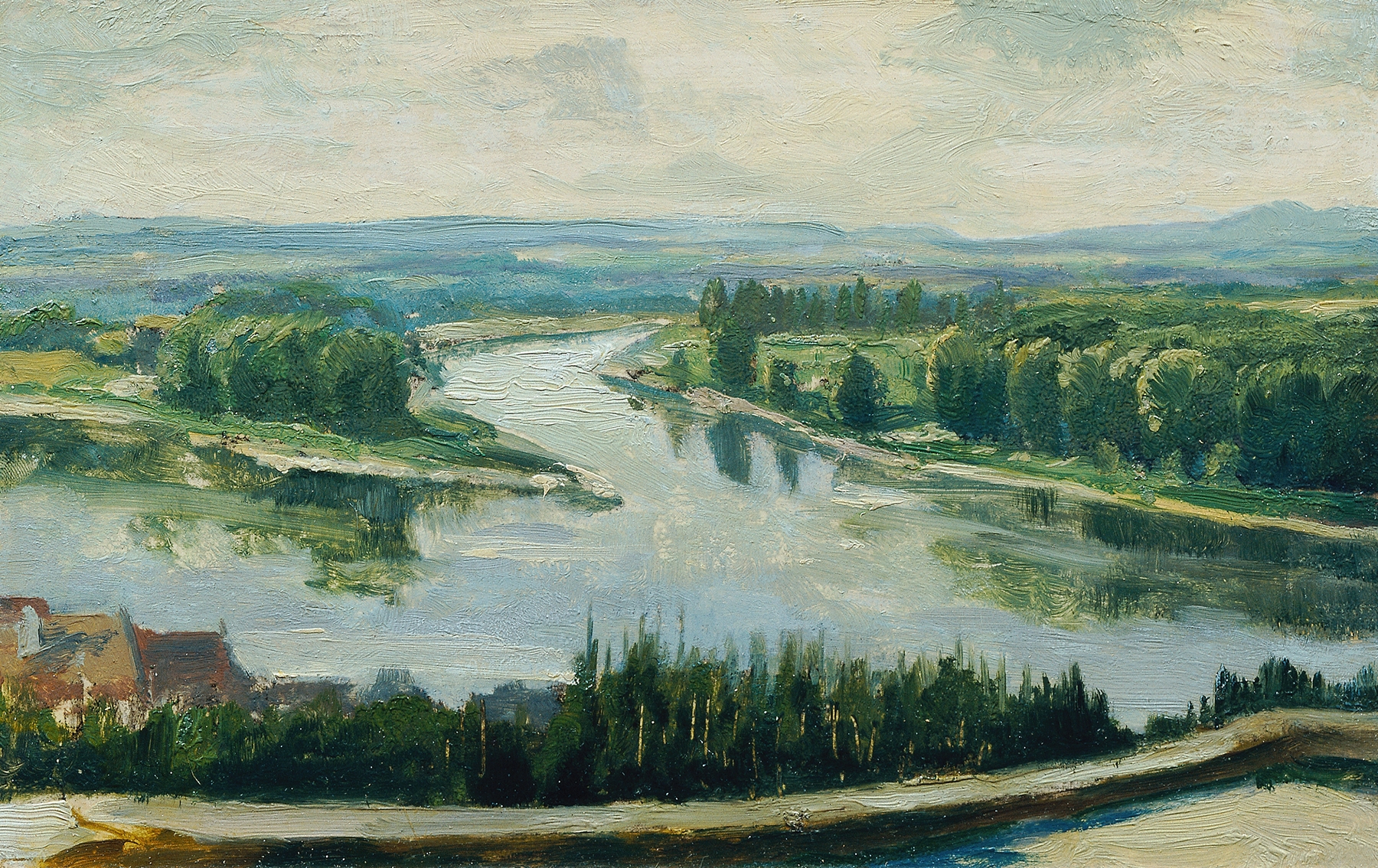 Impressionist landscape depicting the convergence of the Moldau and Elbe rivers by Ferdinand Engelmüller