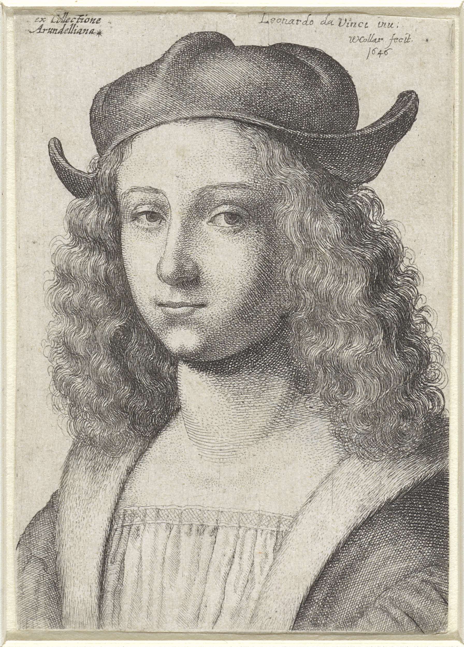 Portrait of a young man with curly hair and a hat, etching by Wenceslaus Hollar