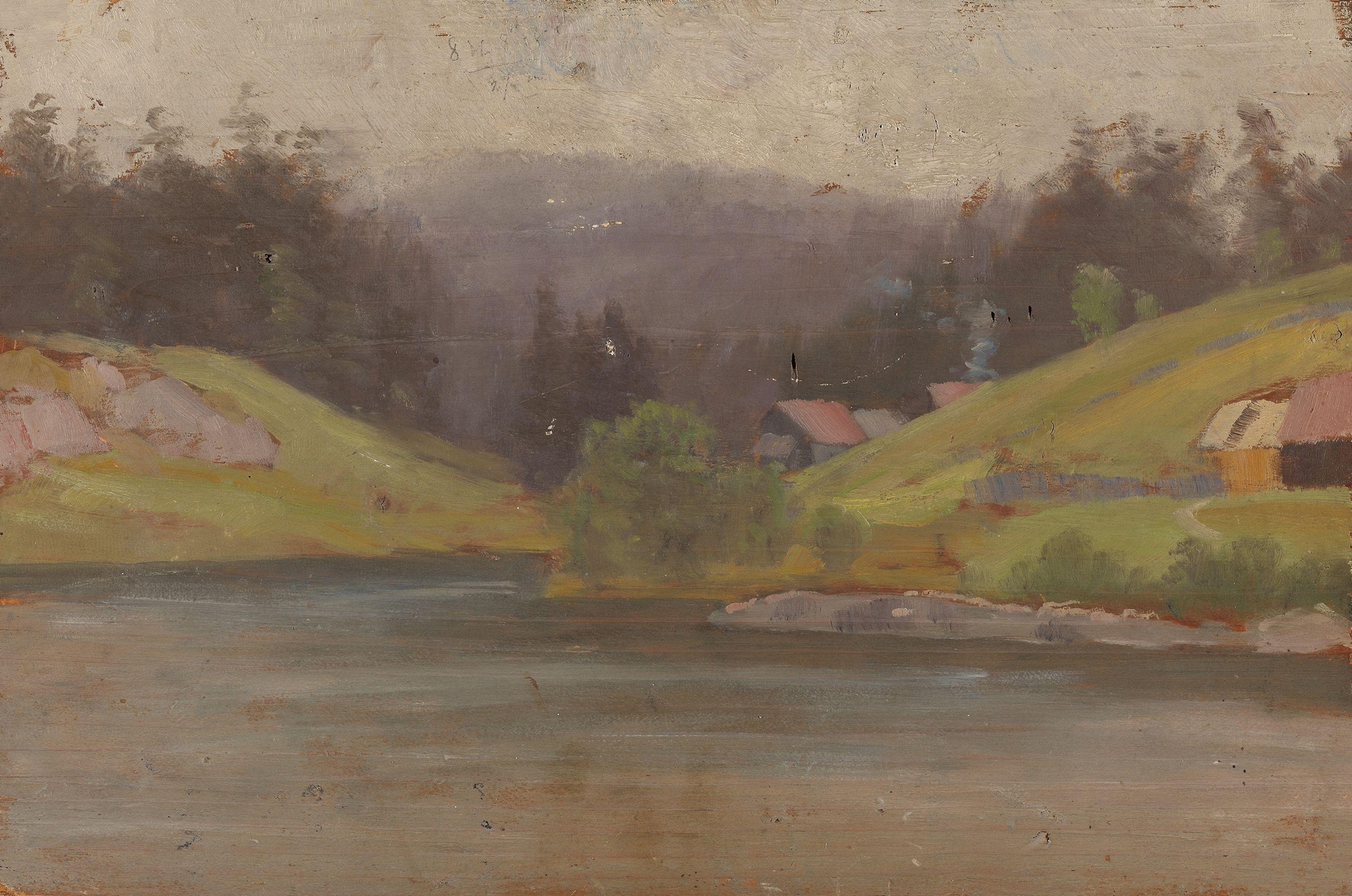 Landscape depicting a river and forest, oil painting by Jørgen Sørensen