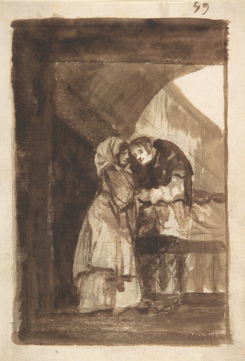 A woman is engaged in conversation with a priest in a covered archway.