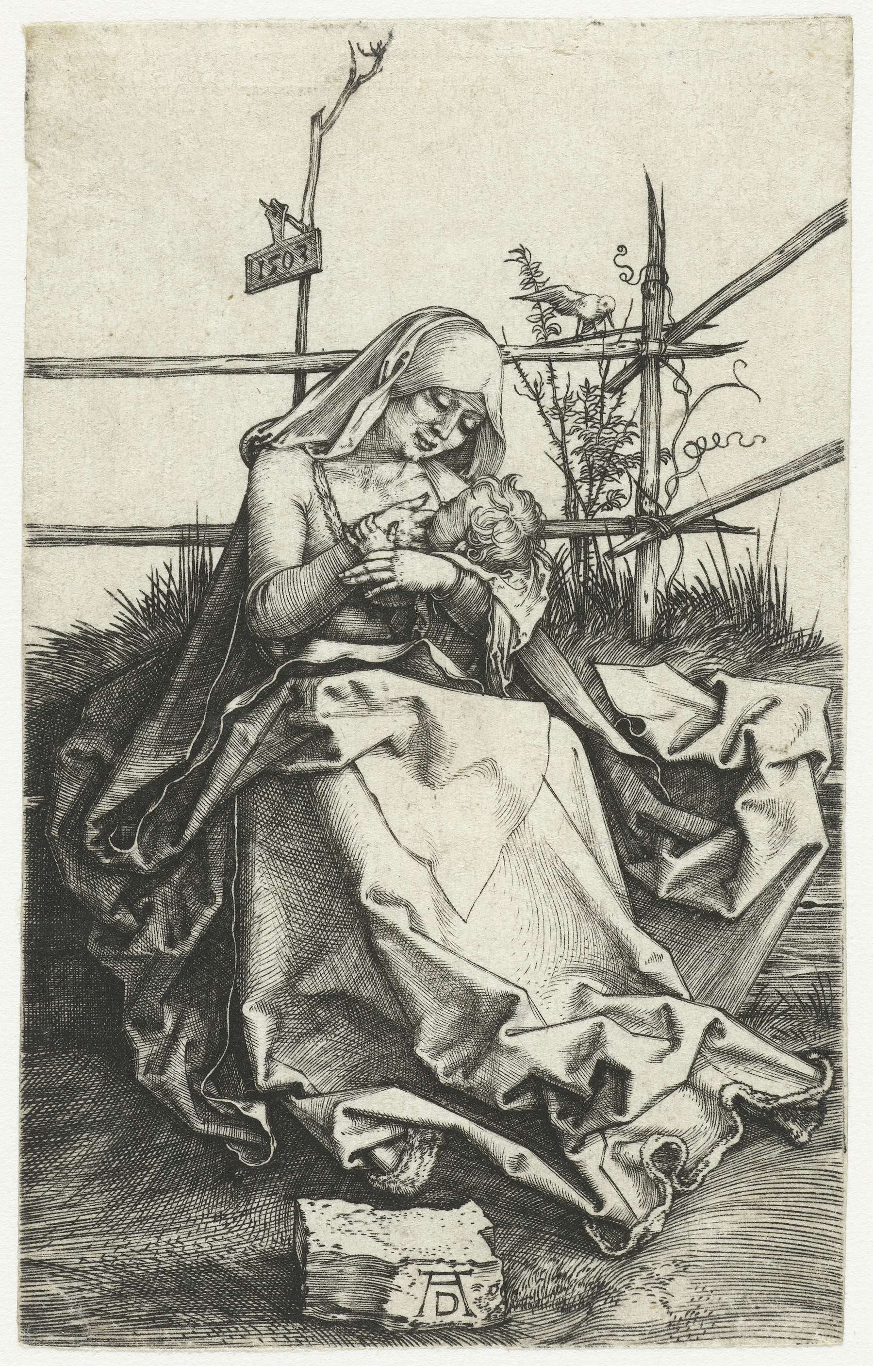 Maria met kind aan de borst bij een hek engraving by Albrecht Dürer showing a mother cradling a child by a wooden gate