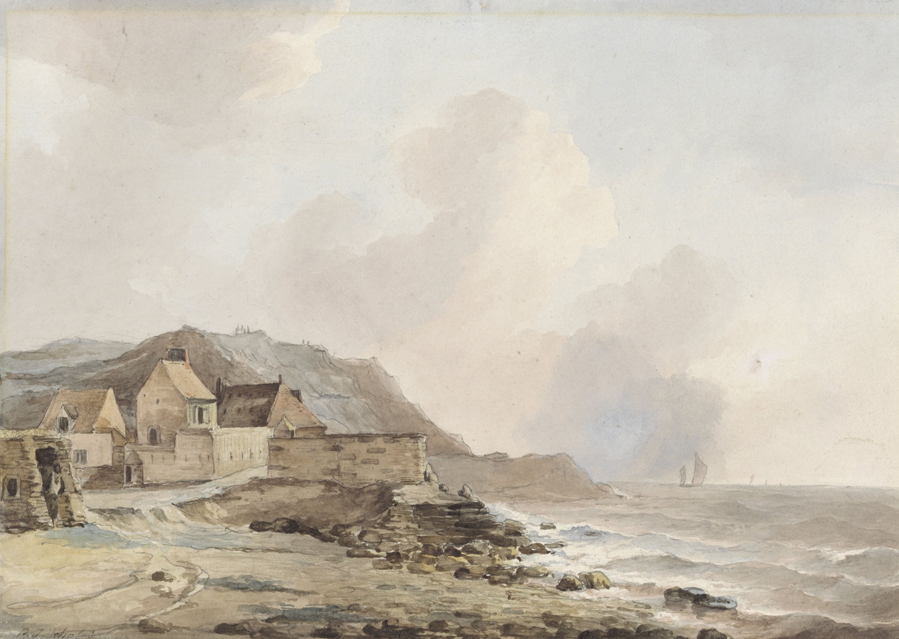 Marine scene of the coast near Boulogne sur Mer by Petrus Johannes Schotel, oil painting