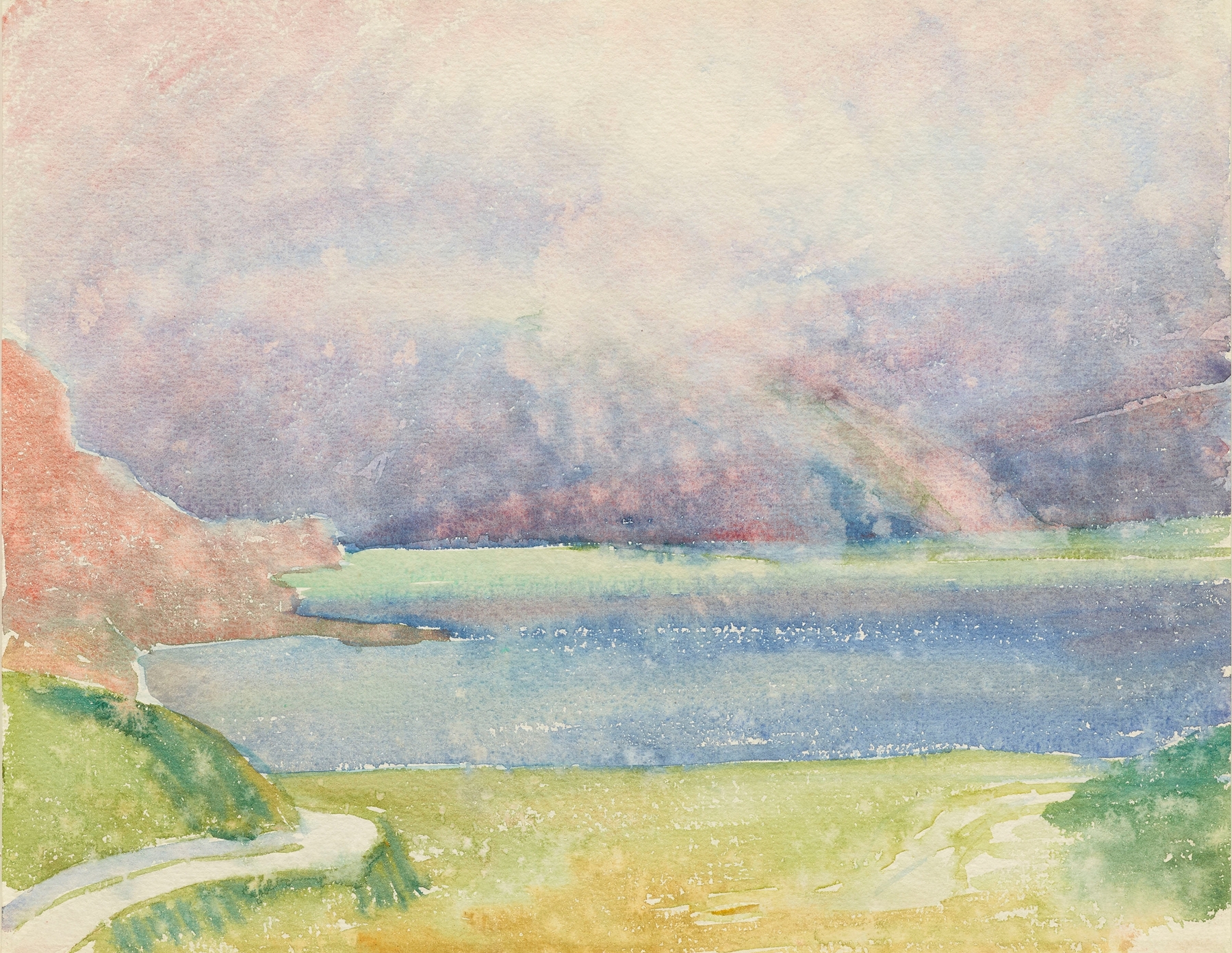 Landscape with rainbow over lake, oil on canvas by Giovanni Giacometti