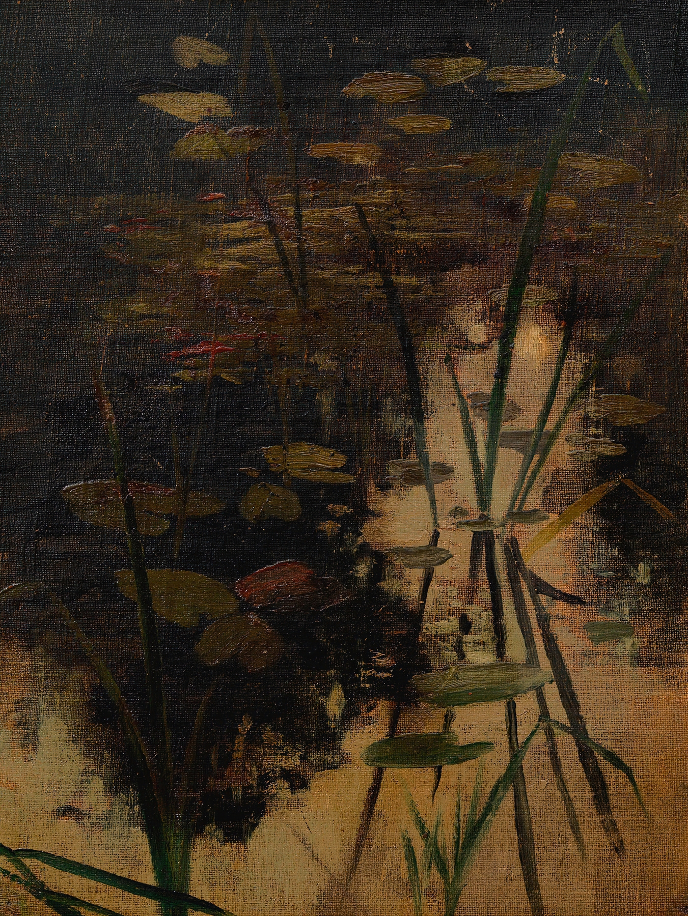 Oil painting by Adolf Ditscheiner depicting water and plants in a tranquil landscape.