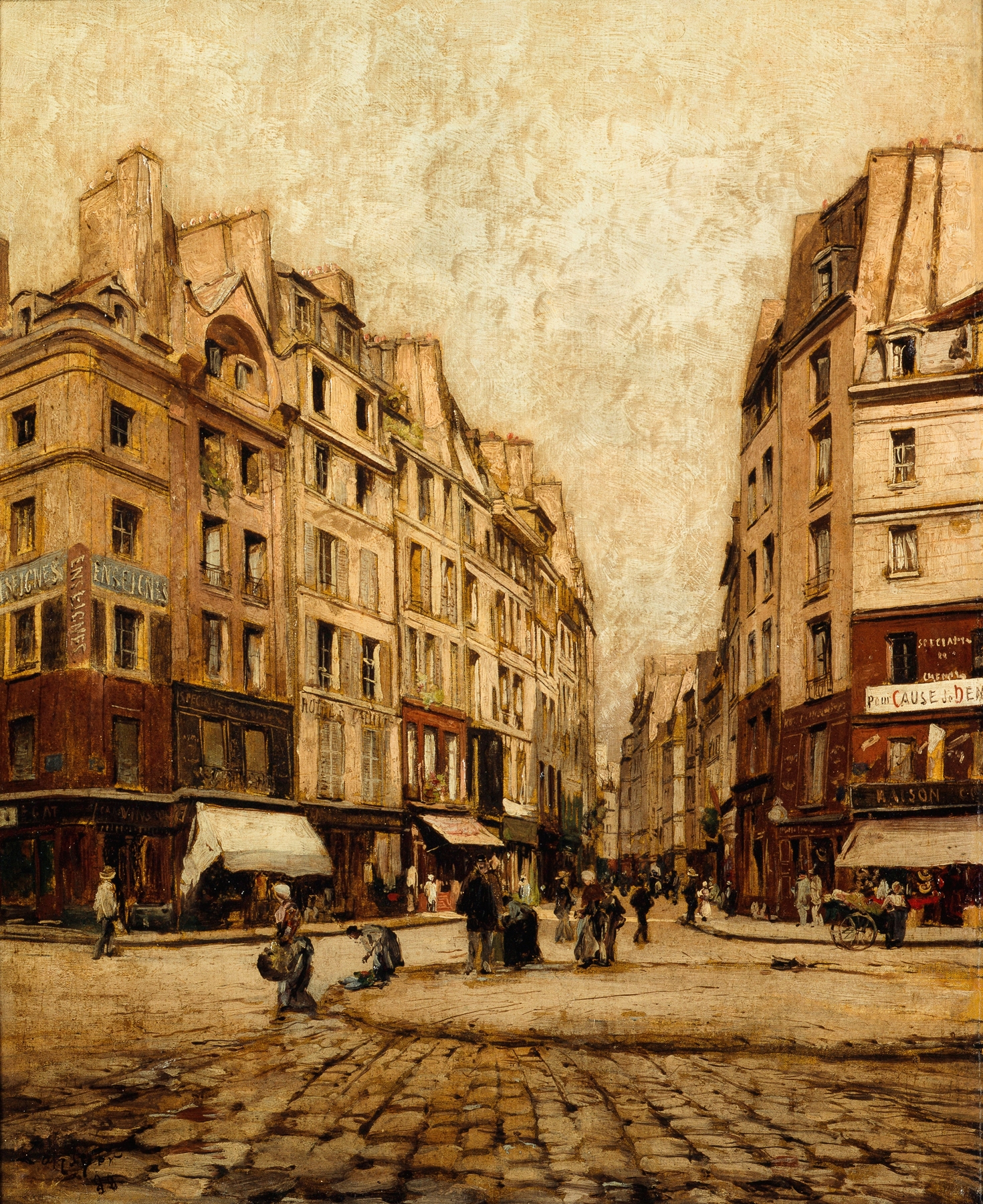 La Rue Galande by Emmanuel Lansyer, Impressionism, depicting a Parisian street at dusk.