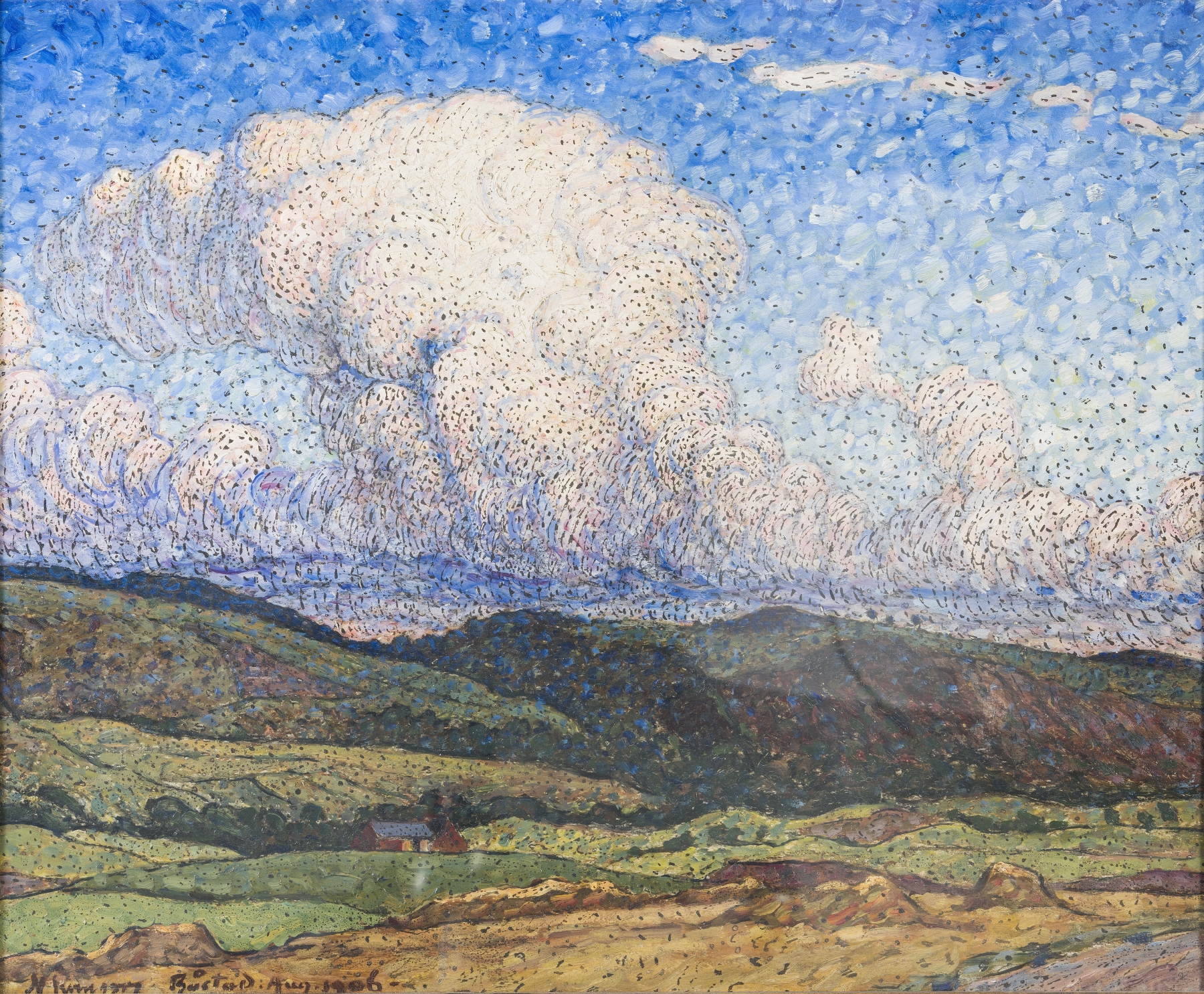 Sunlit Clouds by Nils Kreuger, oil on canvas depicting a serene sky with sunlight and clouds.