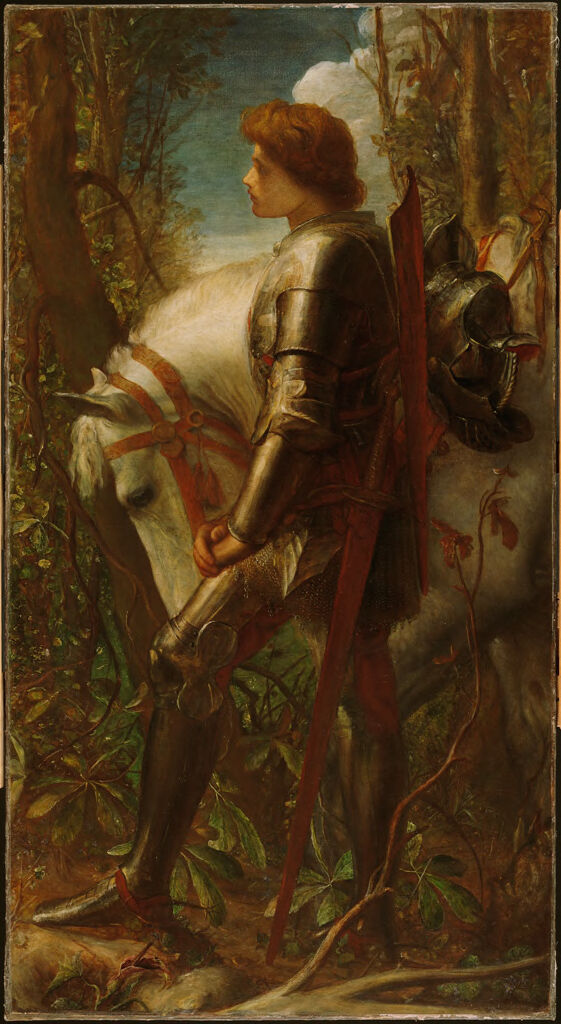 Sir Galahad by George Frederic Watts, oil on canvas, depicting a knight in a flowing robe illuminated by golden light.