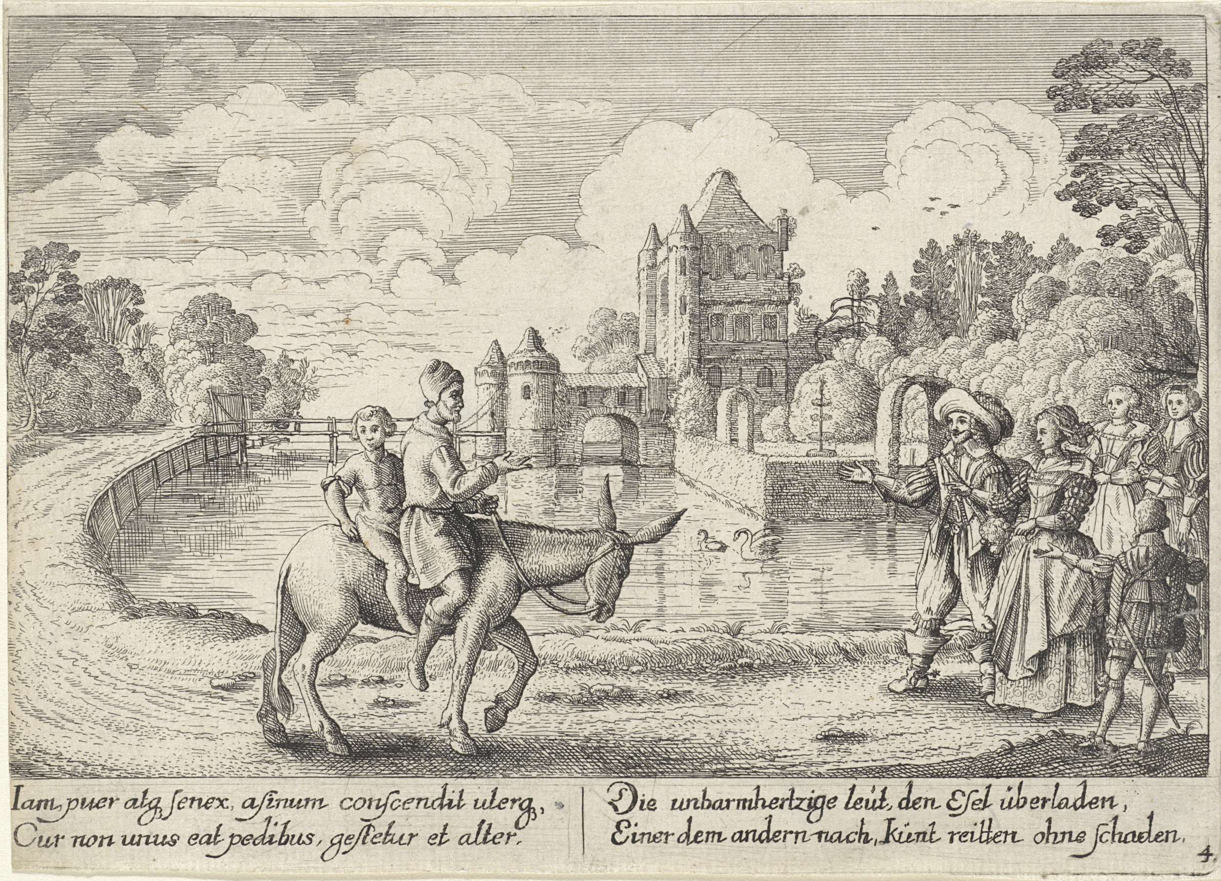 Etching by Wenceslaus Hollar showing a farmer and son riding a donkey.