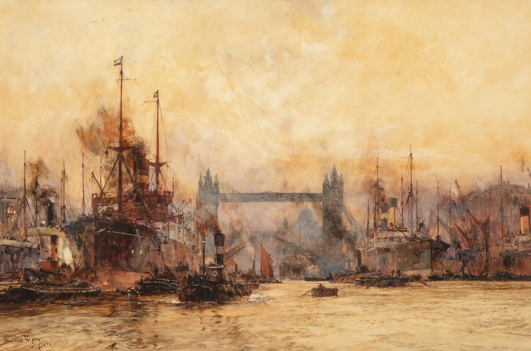Tower Bridge over the Pool of London, oil painting by Charles Edward Dixon