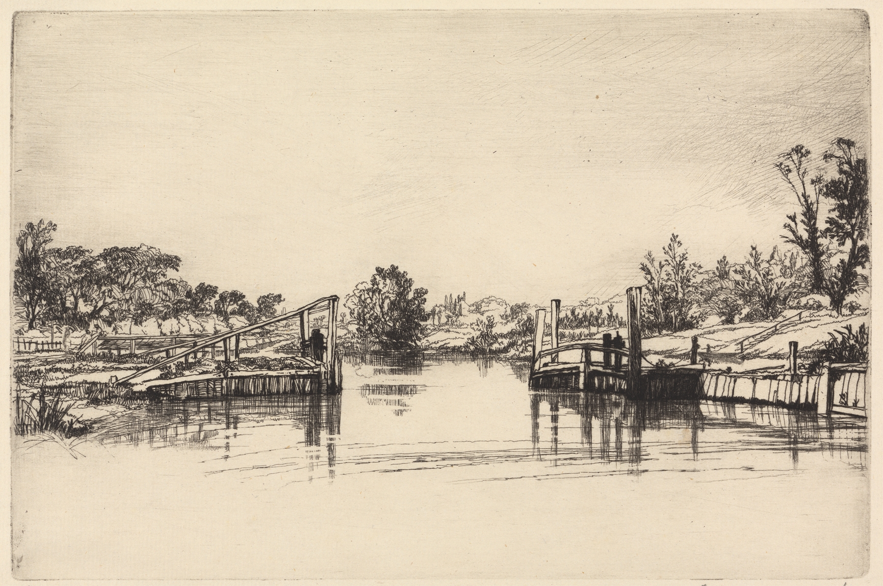 Egham Lock engraving by Francis Seymour Haden depicting a river with clouds reflecting on the water