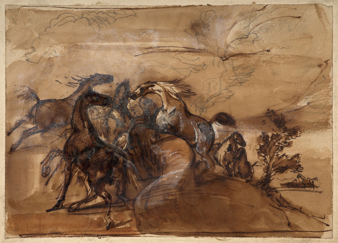 A painting of horses in a landscape by Horace Vernet.