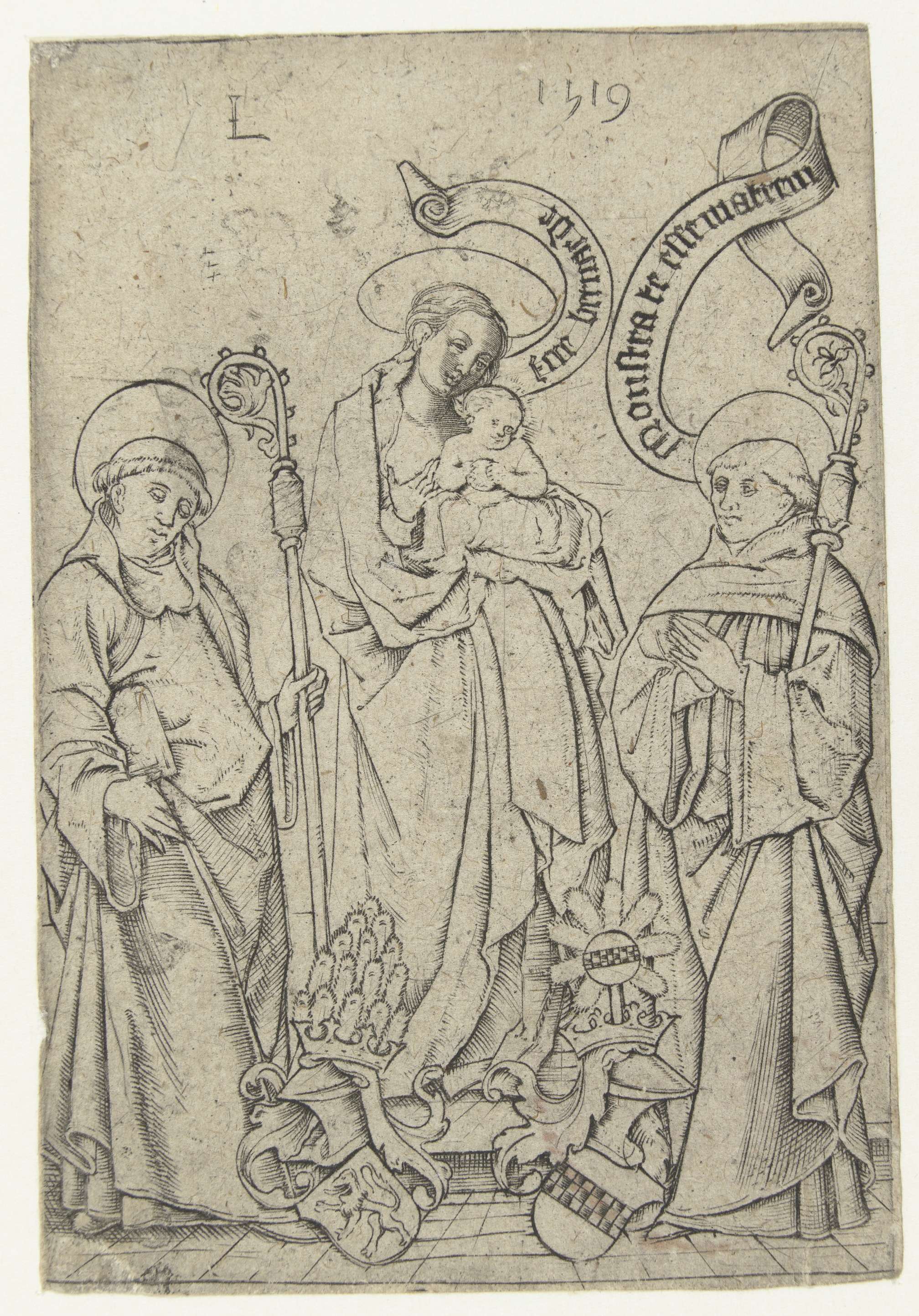 Engraving by Monogrammist L depicting a mother and child with saints