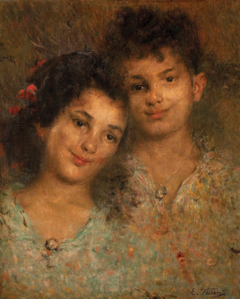 The painting *Alédia e Crispim* depicts a couple in a lush, dreamy landscape.