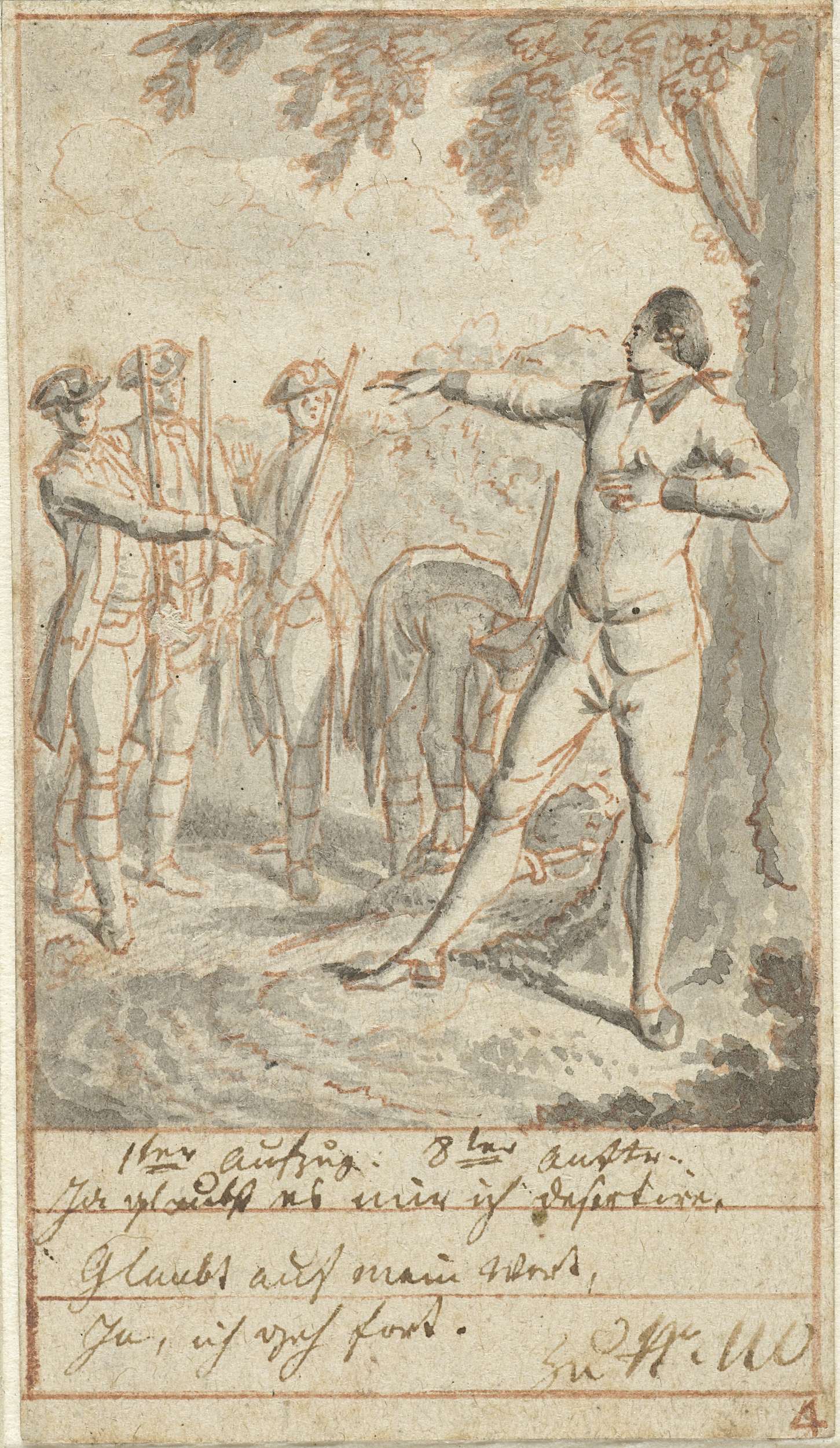 Historical scene with soldiers under a linden tree, etching by Daniel Nikolaus Chodowiecki