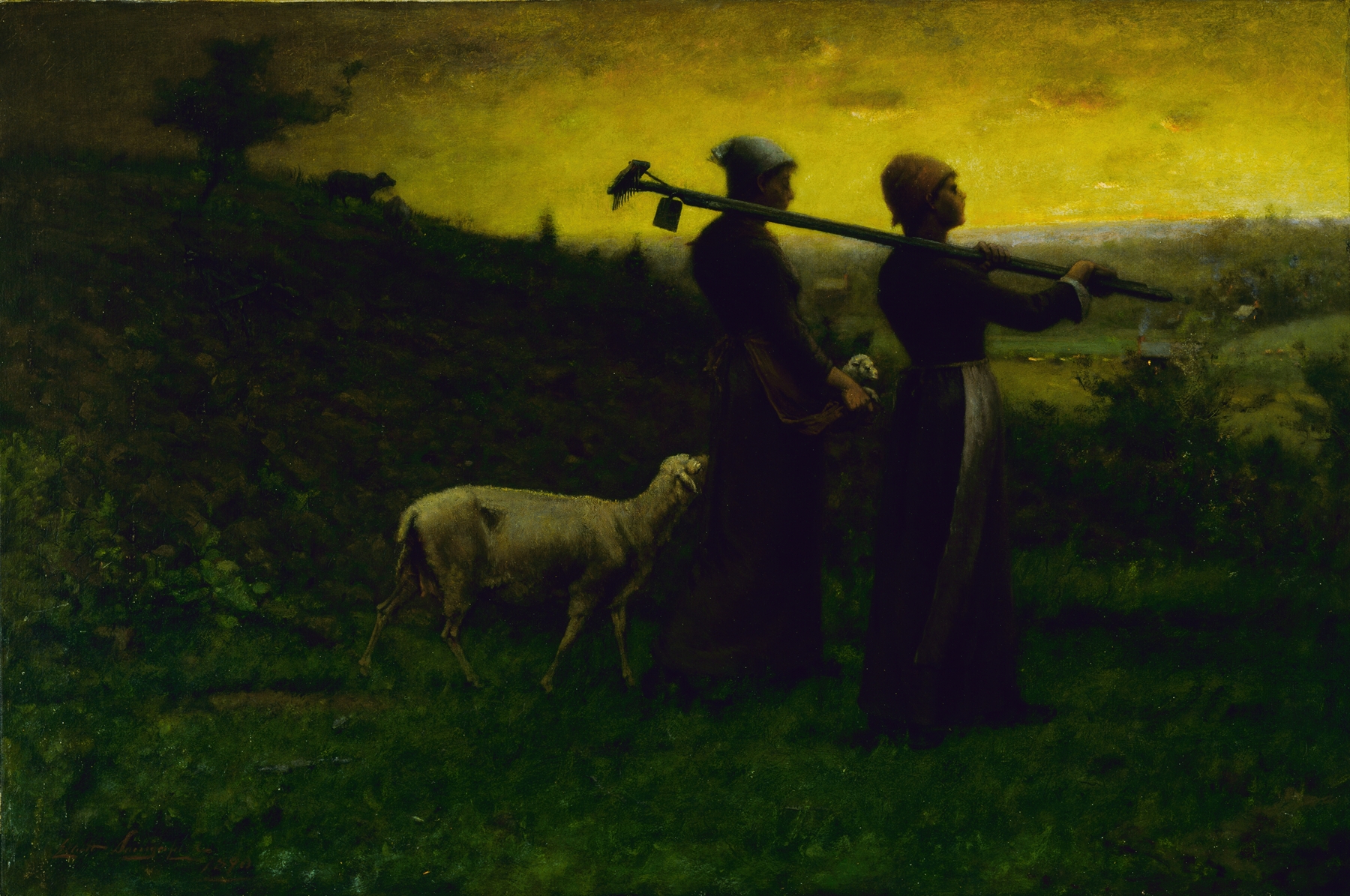 A farmer cradles a newborn lamb in an oil painting by Elliott Daingerfield.