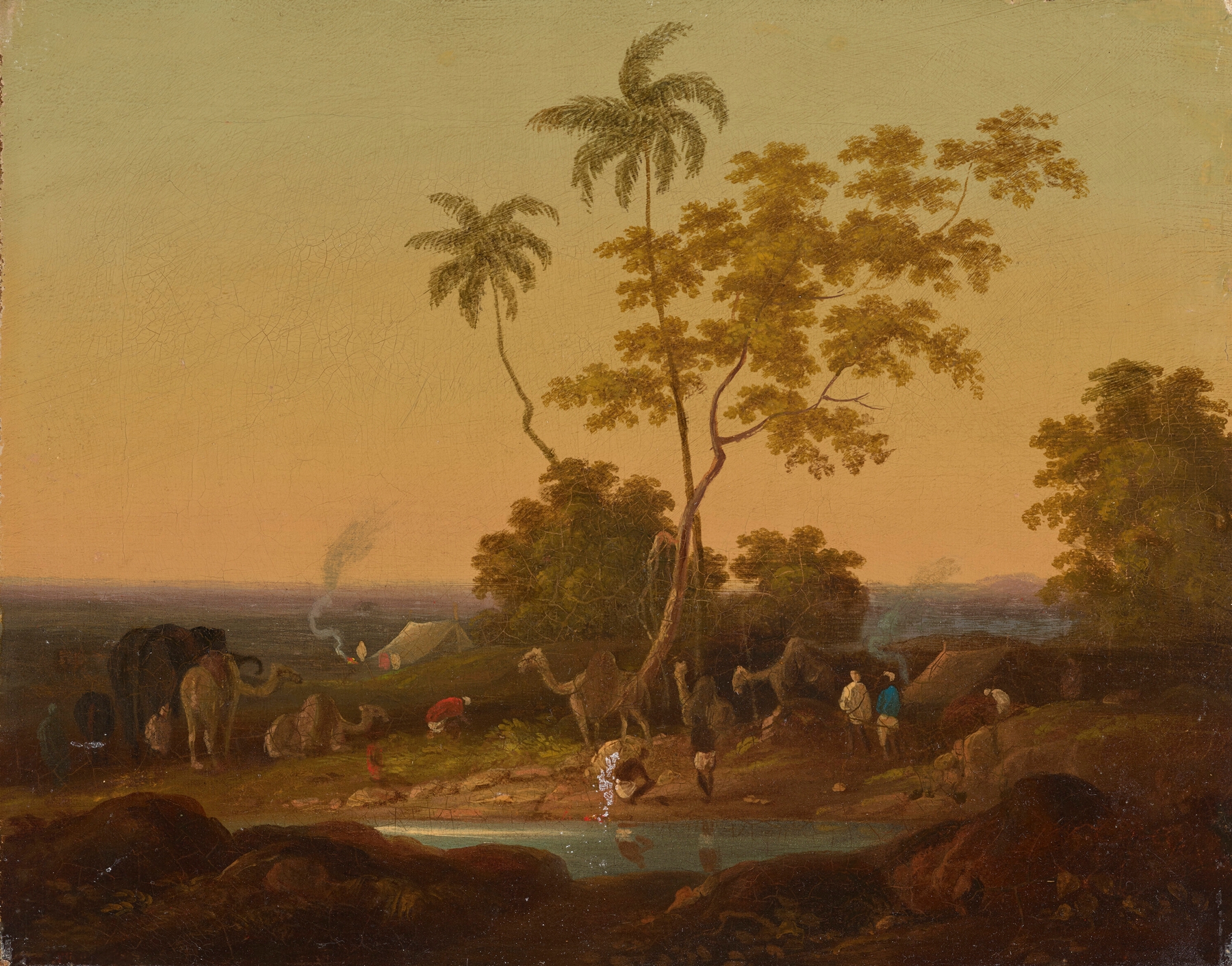 Watercolour by Sir Charles D'Oyly depicting an encampment at dusk.