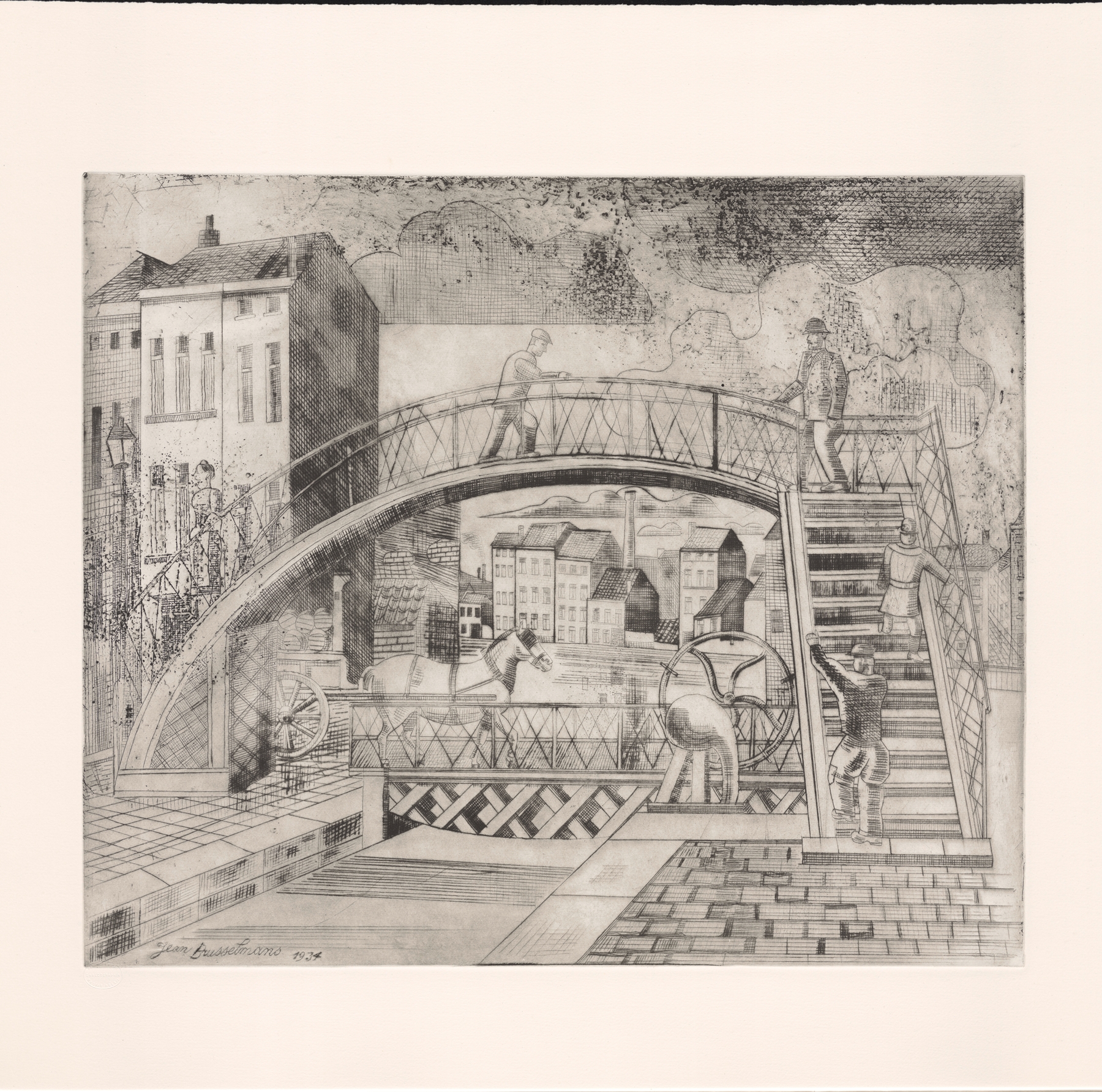 Post-Impressionism oil painting by Jean Brusselmans depicting a canal with a bridge and horse.