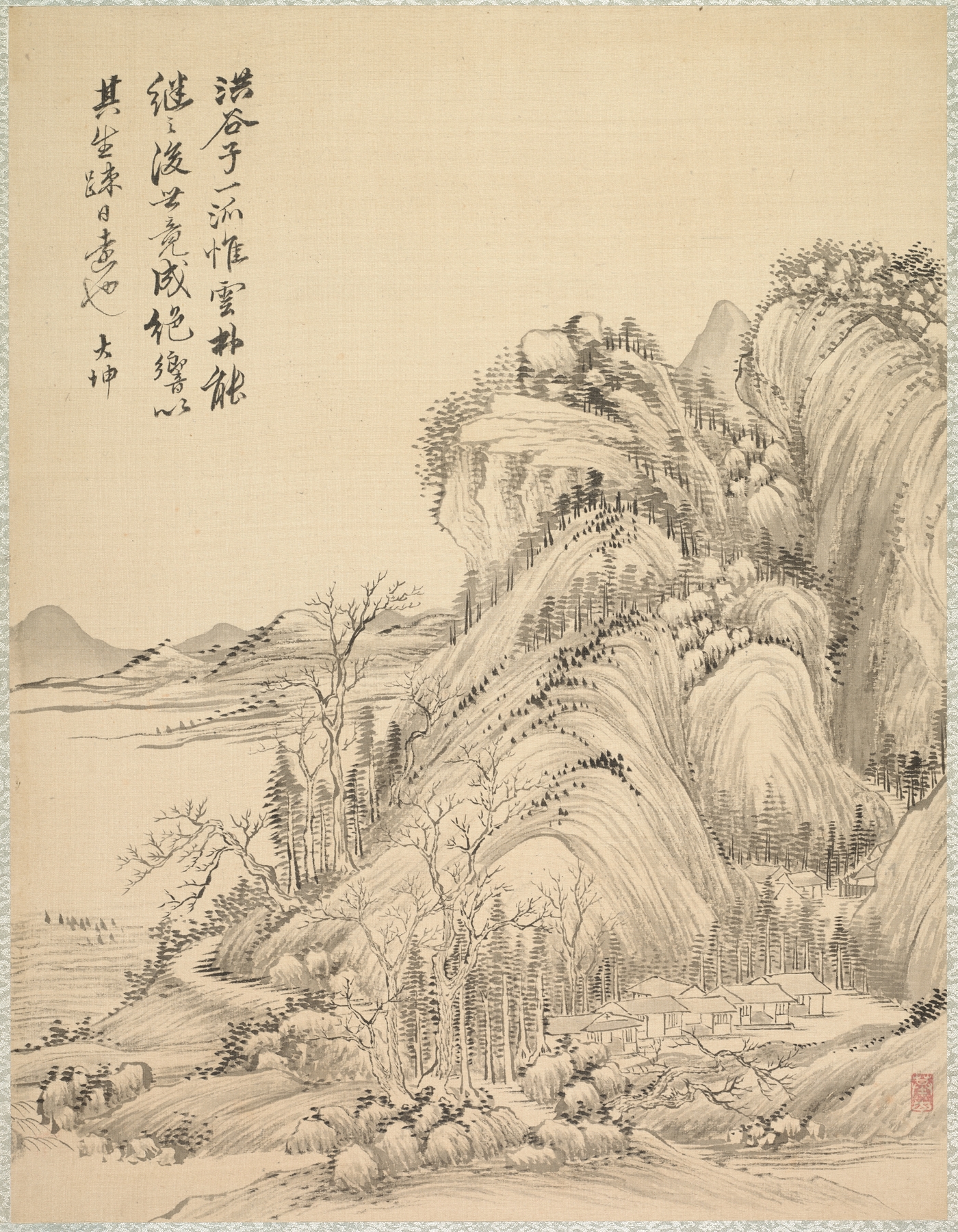 Dwellings beneath Folded Hills, ink on paper by Tsubaki Chinzan, depicting tranquil hills and quaint homes.