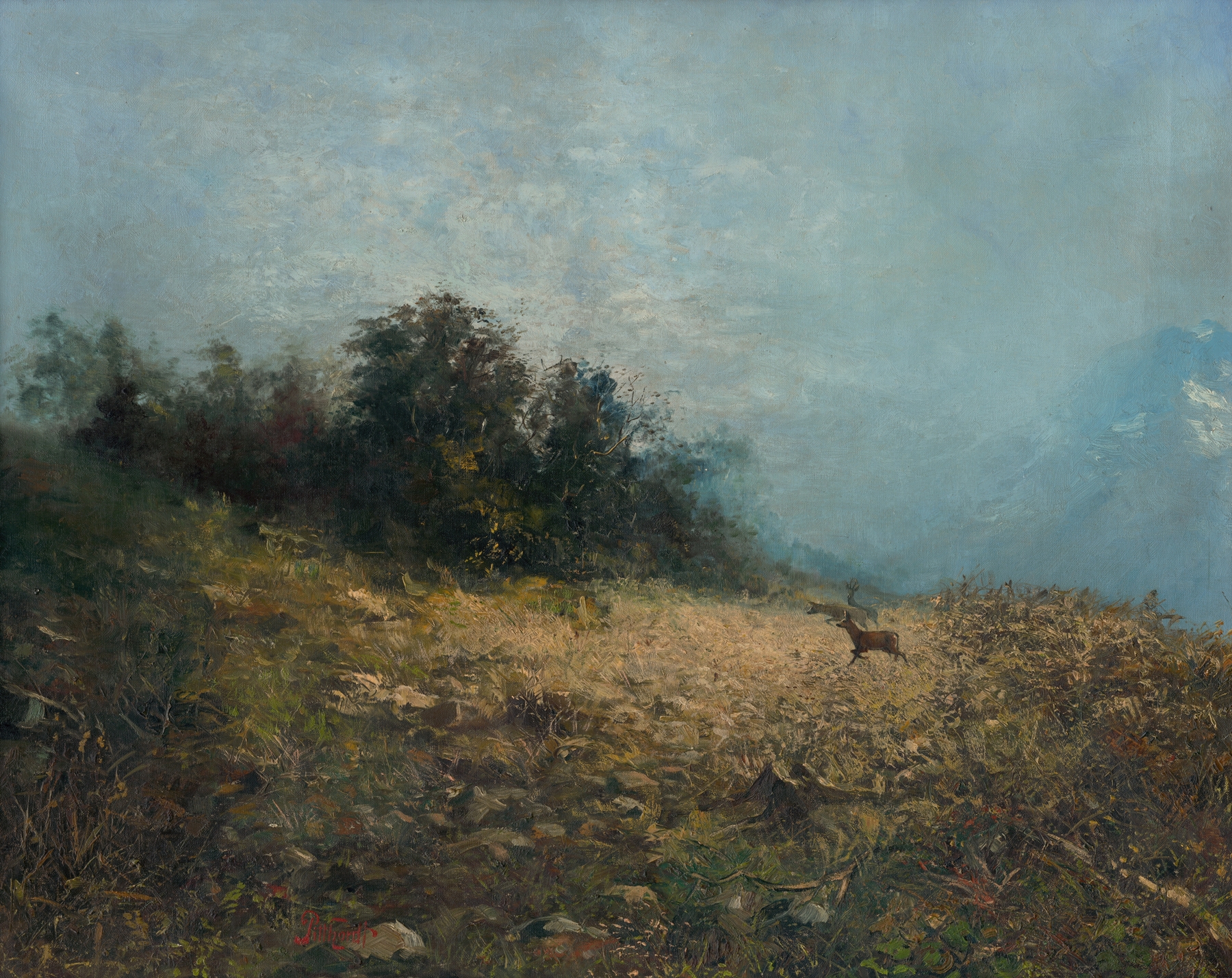 In a Glade by Ľudovít Pitthordt, impressionism, depicting a forest scene with sunlight filtering through branches.
