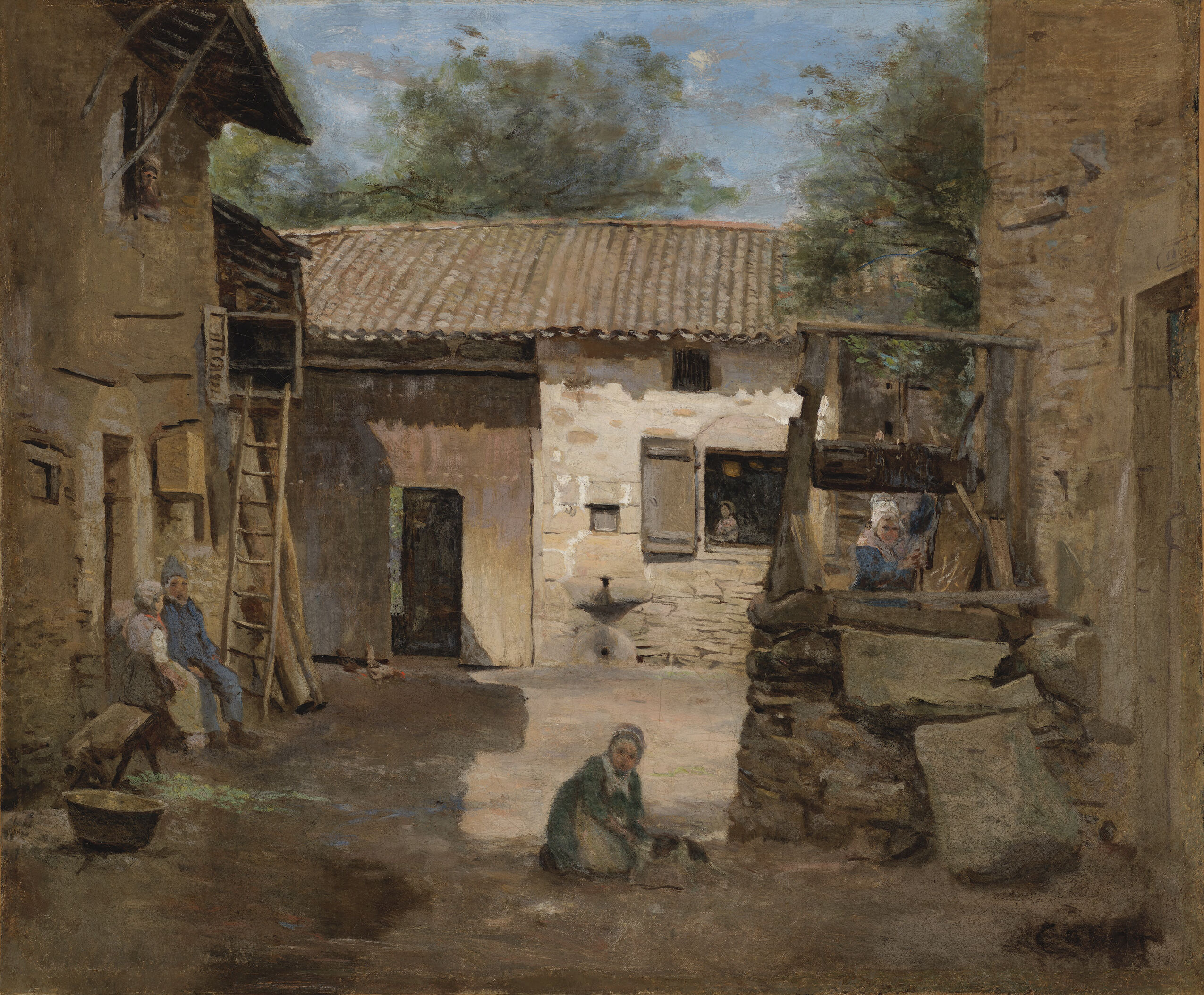 A Rustic Court-Yard, by Jean-Baptiste-Camille Corot, public domain