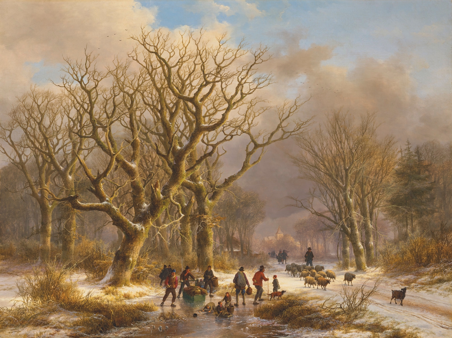 Winter Time by Johann Bernhard Klombeck, depicting a tranquil winter landscape with snow and trees.