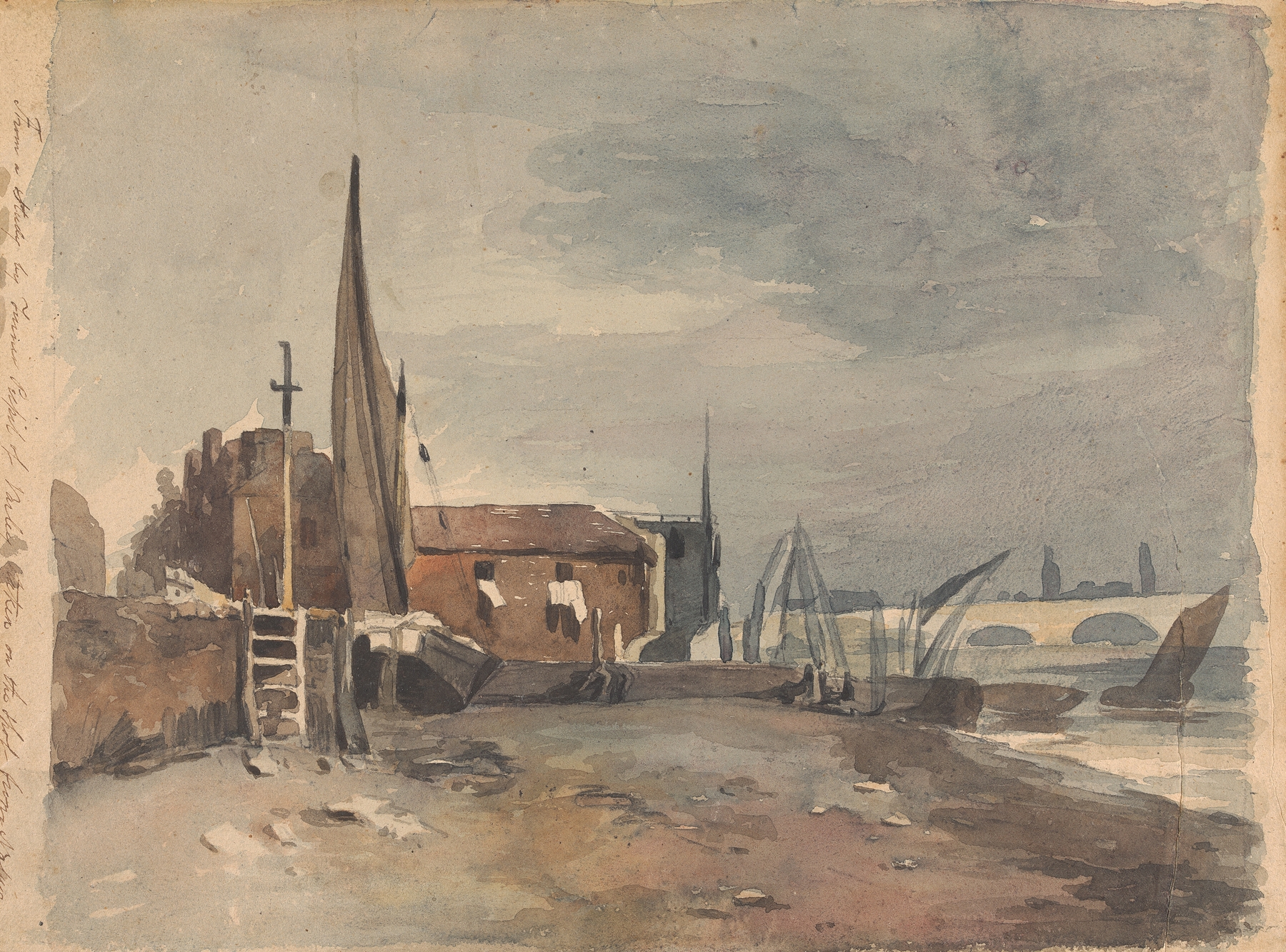 Shore Scene with Buildings and Boats, by Thomas Sully, public domain