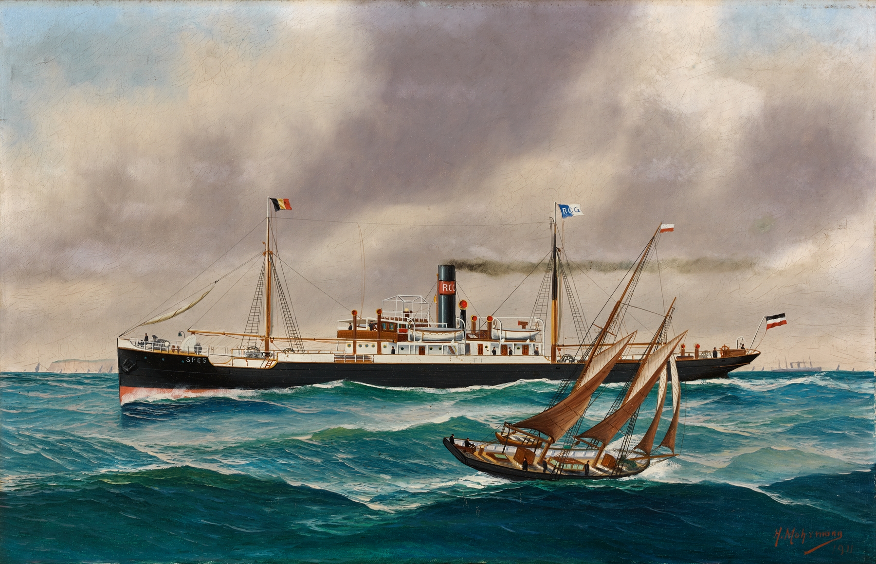 Stoomschip met hulpzeilen ‘Spes’ by John-Henry Mohrmann, modernism, depicting a steamer with sails on the ocean