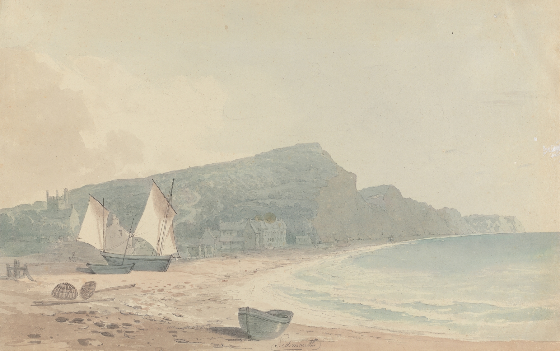 Sidmouth by John Baverstock Knight, oil on canvas depicting waves crashing against rugged cliffs
