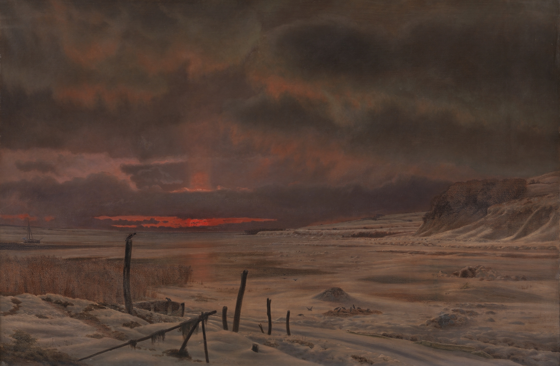 A Winter’s Evening by a Danish Fiord, oil painting by Vilhelm Kyhn depicting a serene winter landscape.