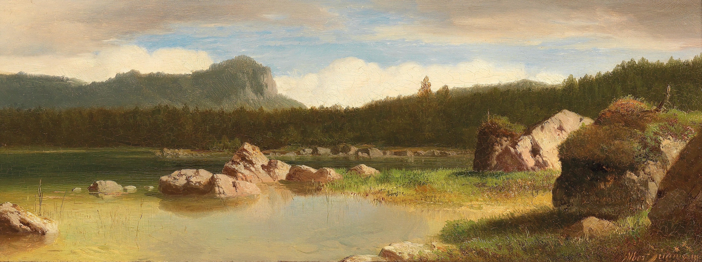 Landscape by Albert Zimmermann, oil painting depicting lush greens and soft browns.