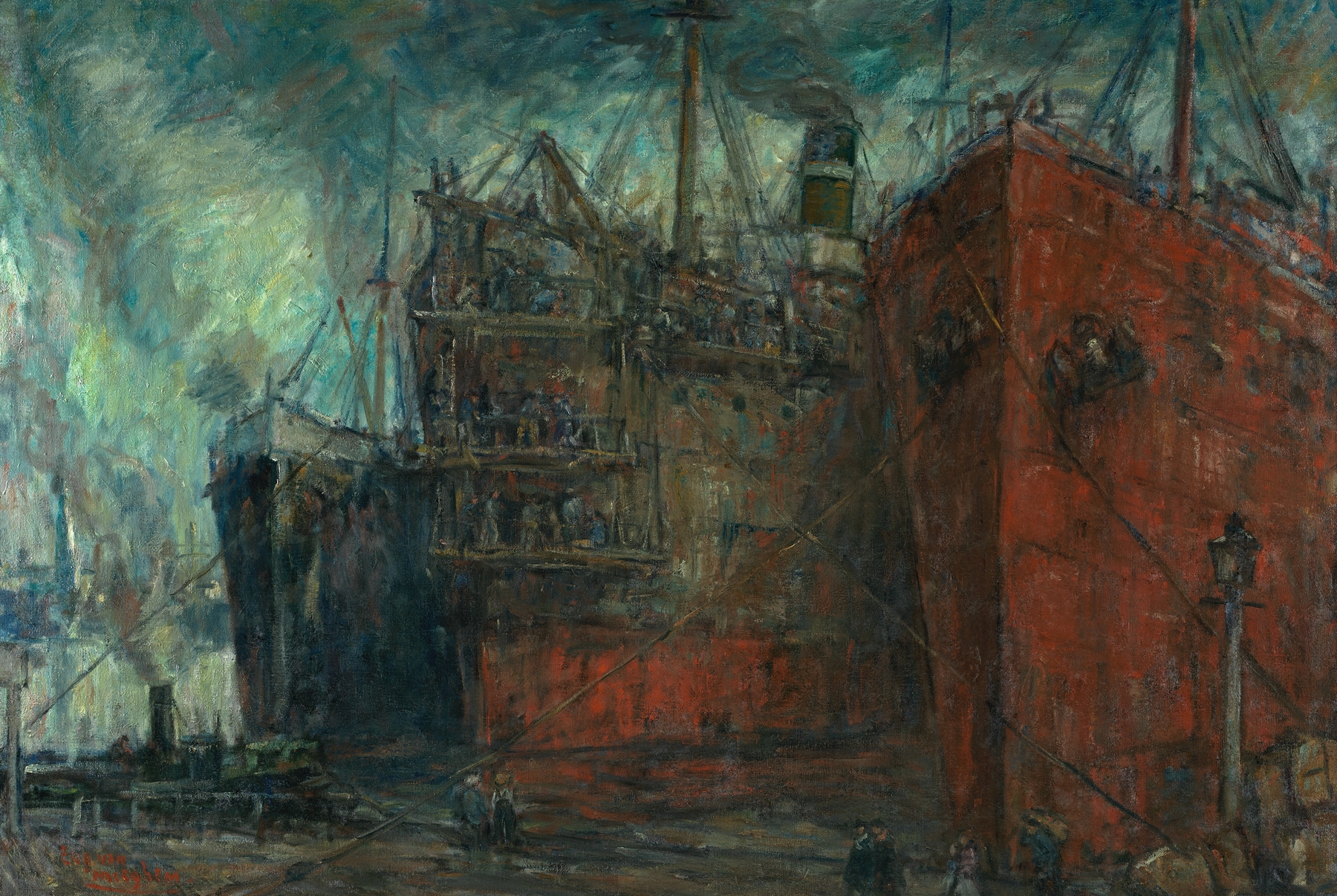 Opgelegde schepen in de haven, by Eugeen Van Mieghem, public domain