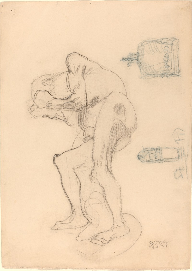 Gustav Klimt's study features an old woman with clenched fists, showcasing his unique style.