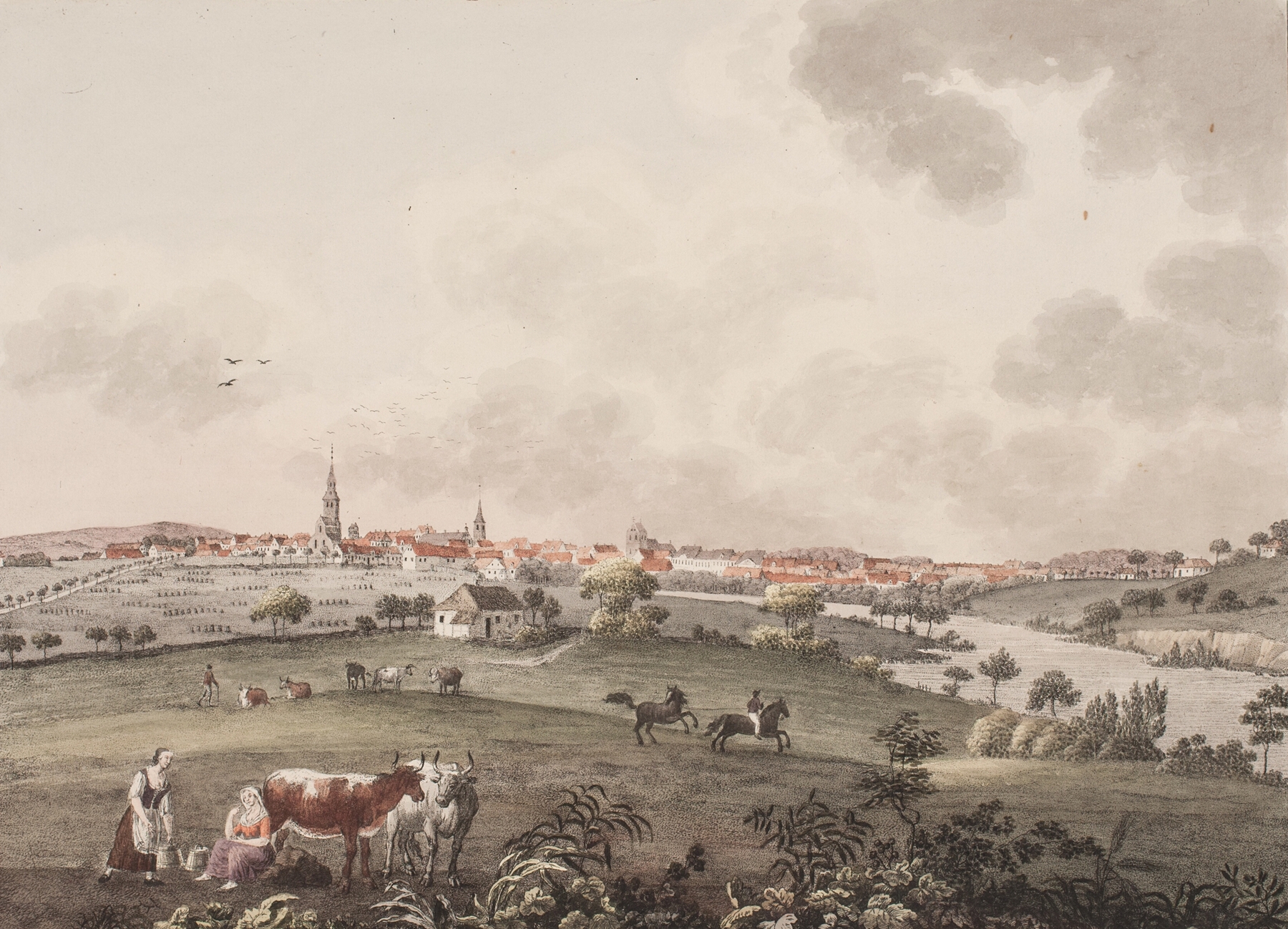 Landscape oil painting by Søren L. Lange showing hills and a river