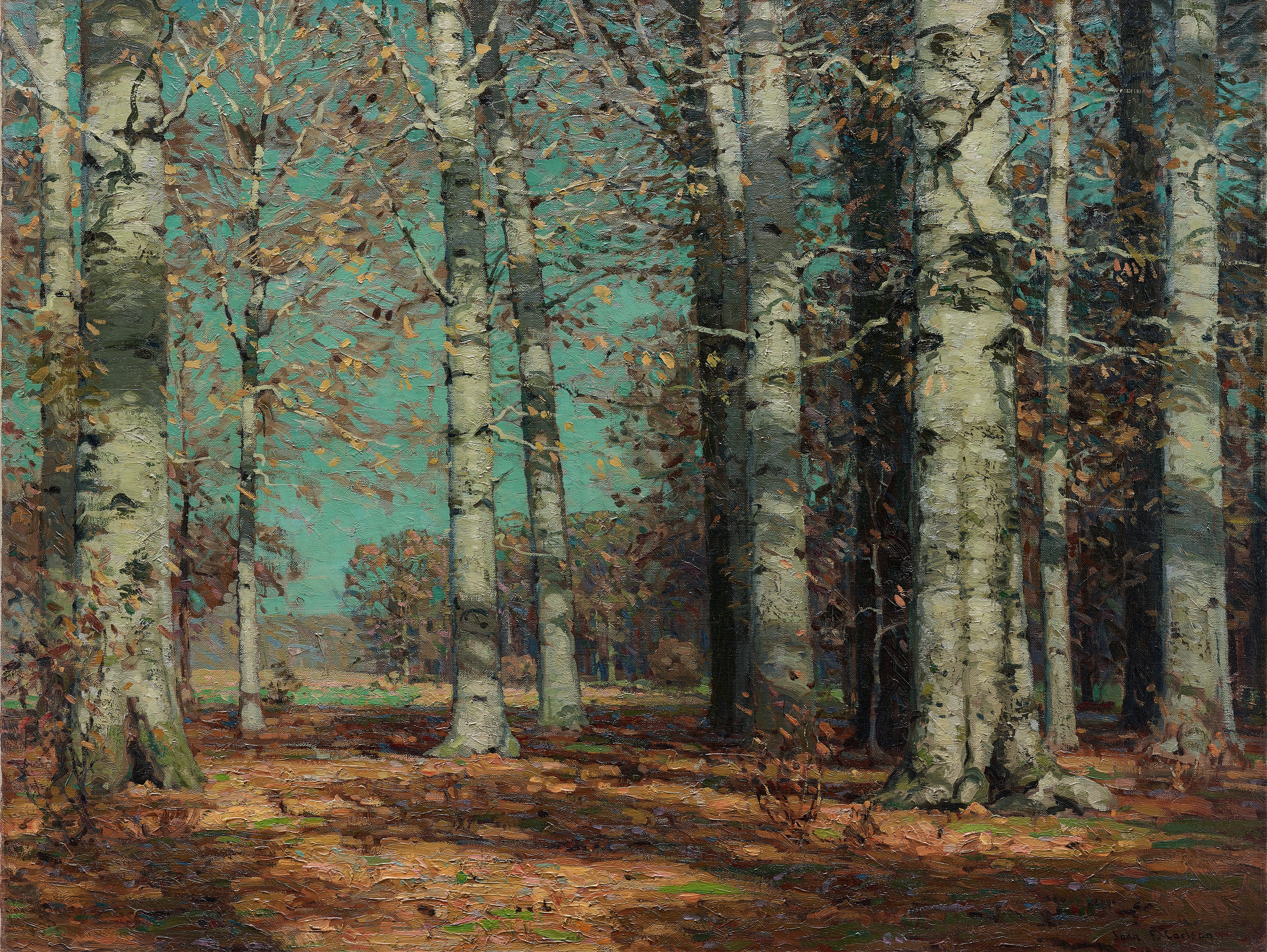Autumn Beeches by John Fabian Carlson, oil on canvas, featuring vibrant autumn leaves and trees.