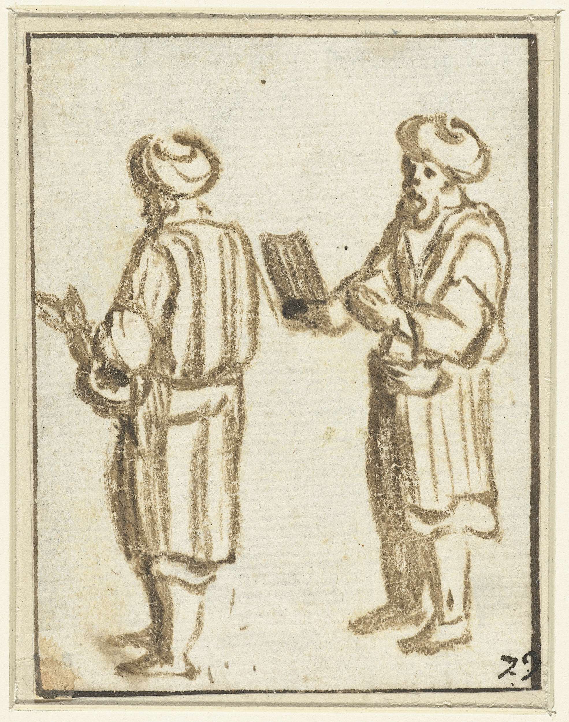 Twee staande mannen met tulbanden, by Adam Elsheimer, public domain